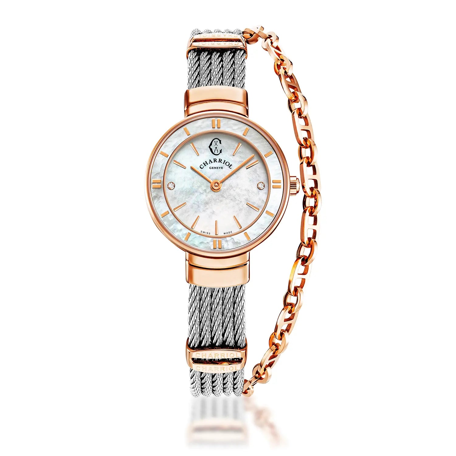 ST TROPEZ25MM, CALIBRE QAURTZ, NACRE AVEC 2 DIAMANTS, BEZEL NACRE, BRACELET CABLE D'ACIER - Charriol Geneve - Montres