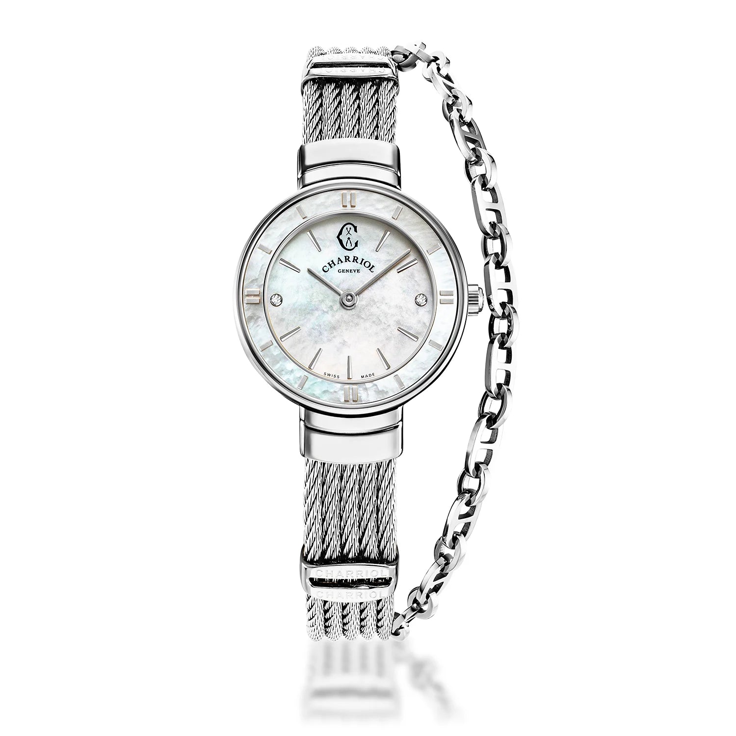 ST TROPEZ25MM, CALIBRE QUARTZ, NACRE AVEC 2 DIAMANTS, BEZEL NACRE, BRACELET CABLE ACIER - Charriol Geneve - Montres