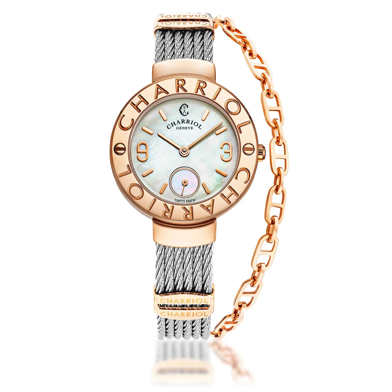 ST TROPEZ30MM, CALIBRE QUARTZ, CADRAN NACRE, BEZEL "CHARRIOL CHARRIOL ", BRACELET CABLE ACIER - Charriol Geneve - Montres