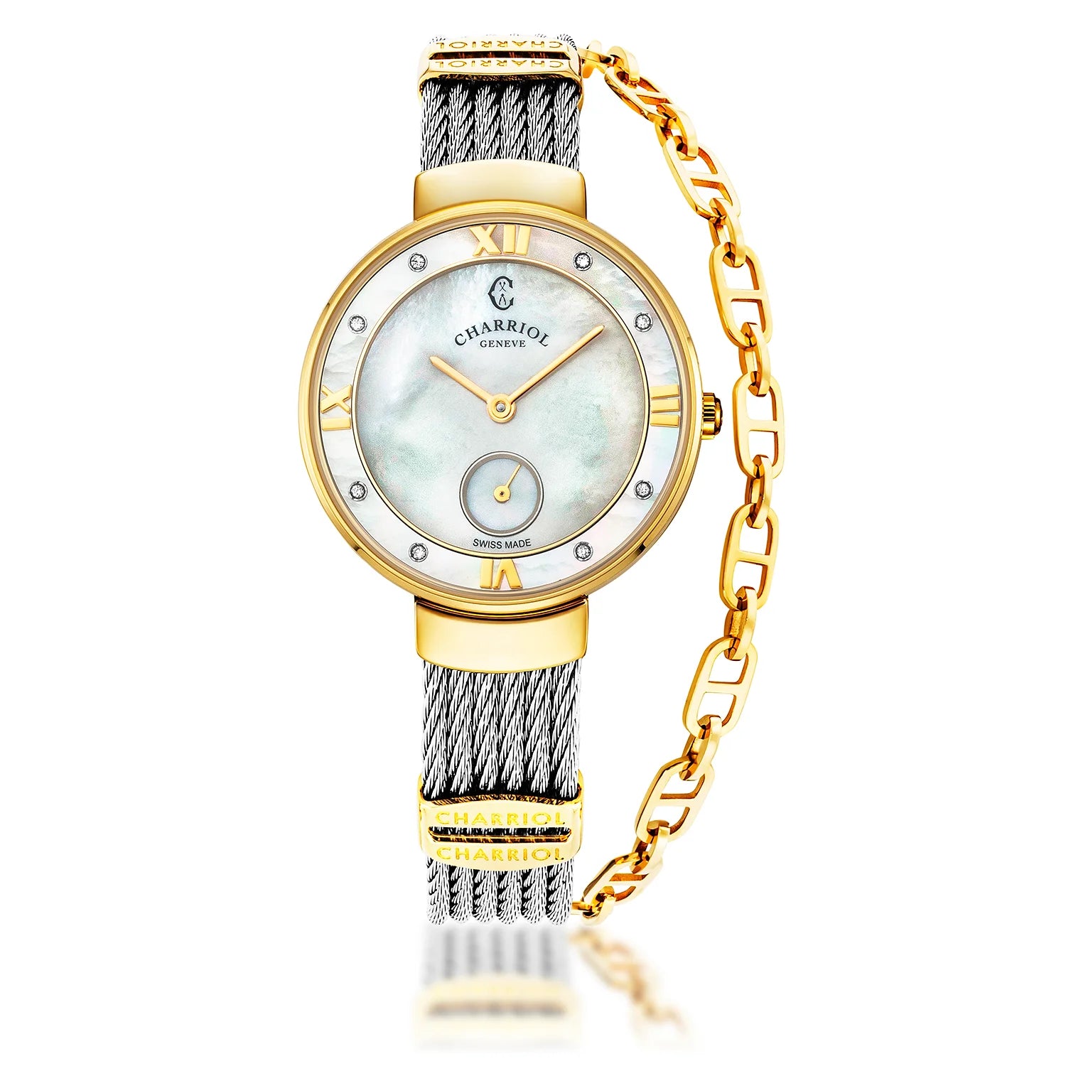 ST TROPEZ30MM, CALIBRE QUARTZ, CADRAN EN NACRE, NACRE AVEC 8 DIAMANTS, BRACELET CABLE ACIER - Charriol Geneve - Montres