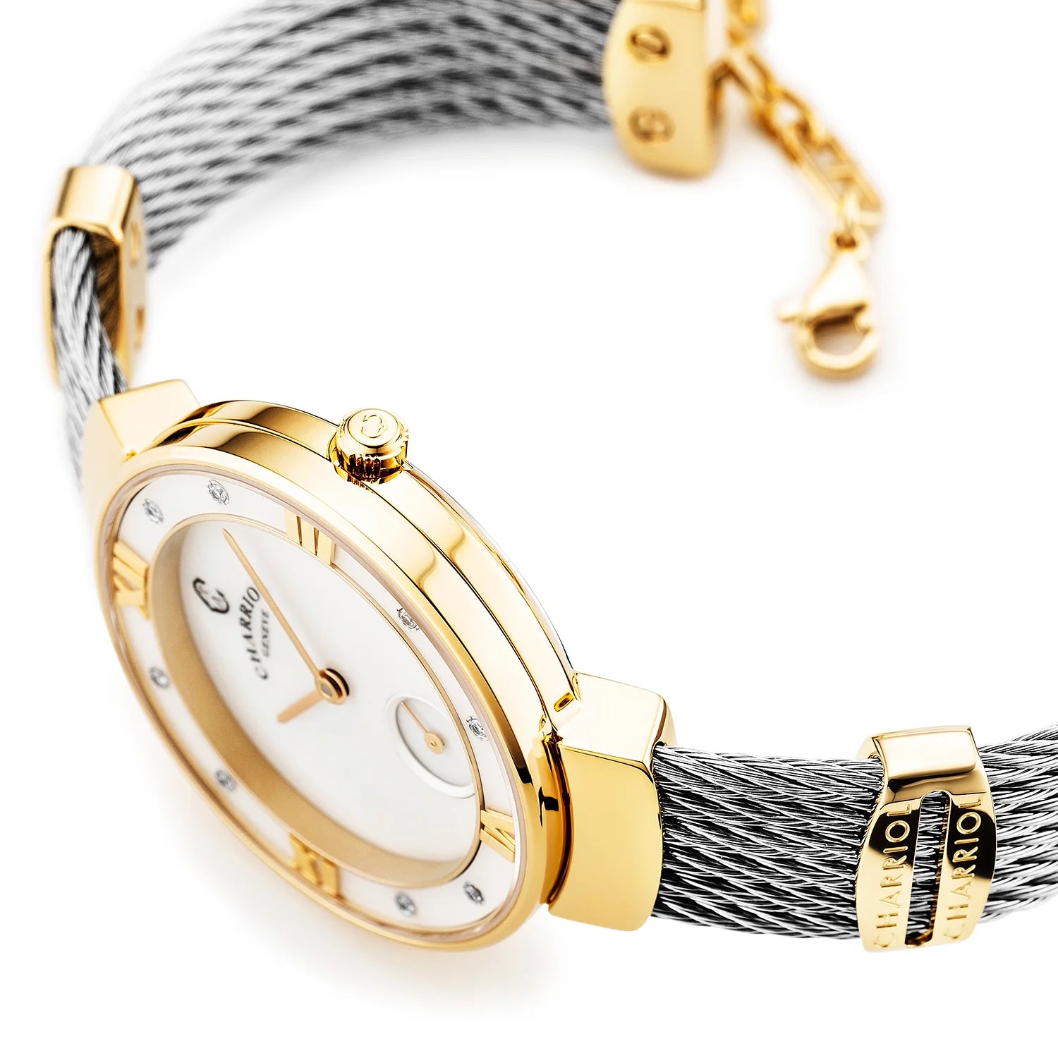 ST TROPEZ30MM, CALIBRE QUARTZ, CADRAN EN NACRE, NACRE AVEC 8 DIAMANTS, BRACELET CABLE ACIER - Charriol Geneve - Montres
