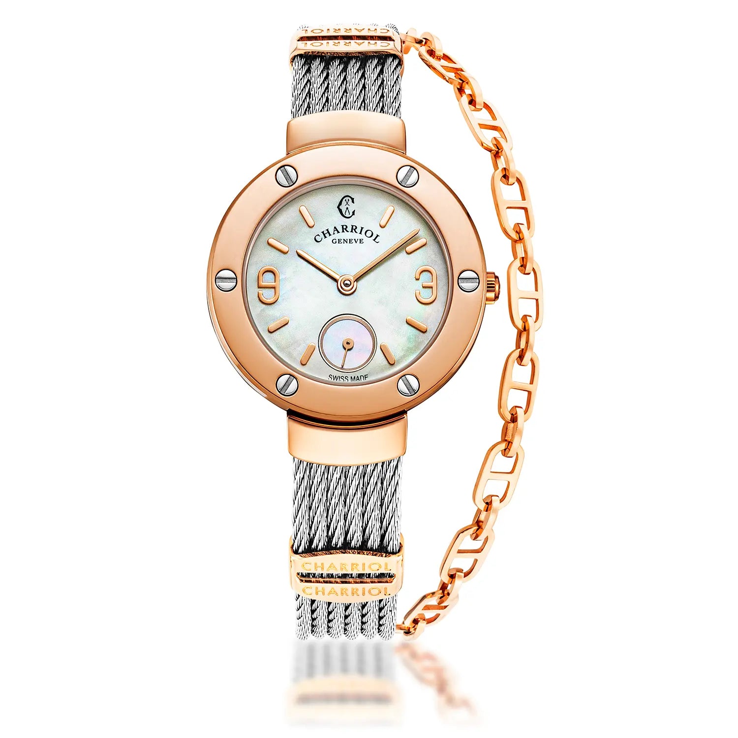 ST TROPEZ30MM, CALIBRE QUARTZ, CADRAN NACRE, PVD OR ROSE avec 6 SCREWS, BRACELET CABLE ACIER - Charriol Geneve - Montres