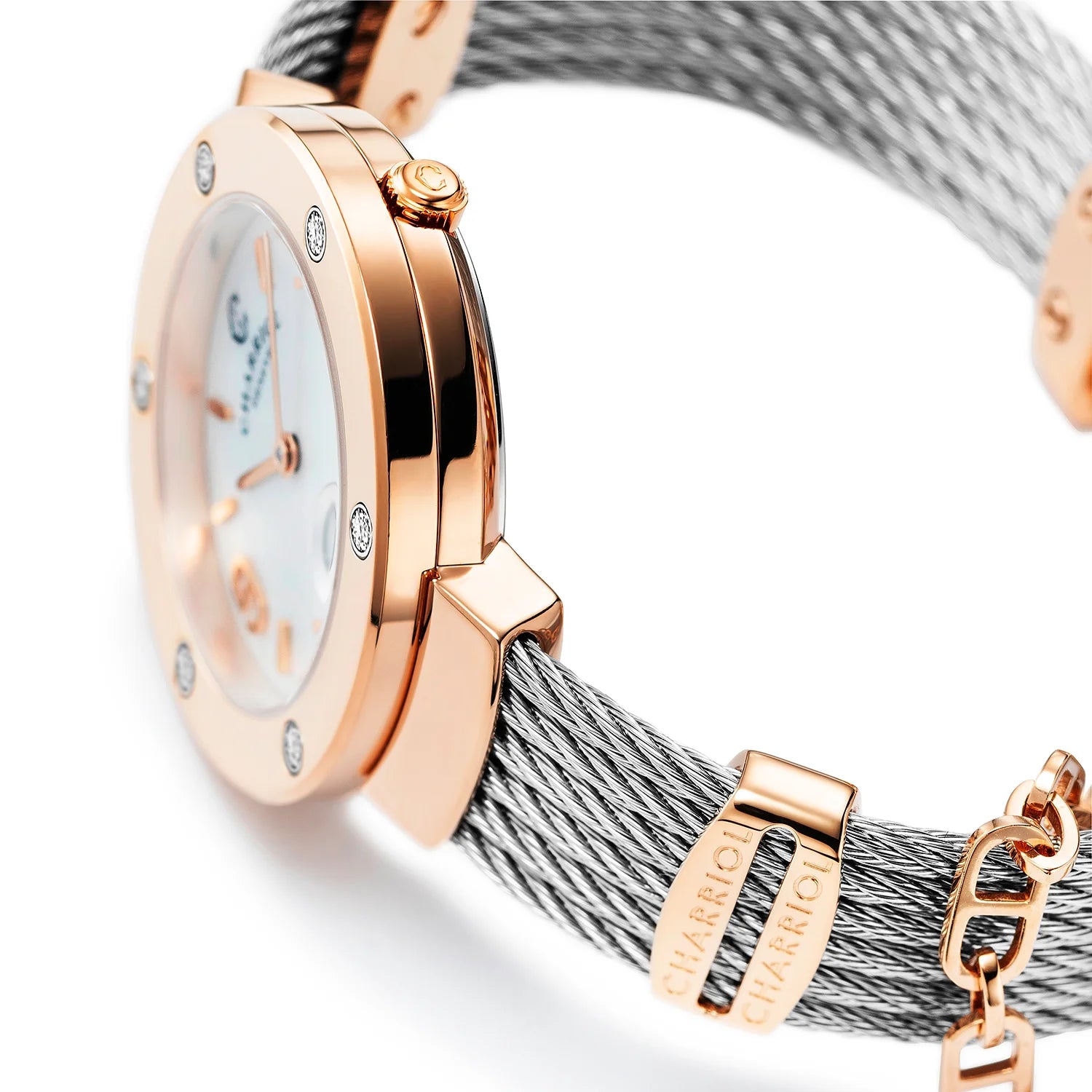 ST-TROPEZ30MM, CALIBRE QUARTZ, CADRAN NACRE, PVD OR ROSE AVEC 6 DIAMANTS, BRACELET CABLE ACIER - Charriol Geneve - Montres