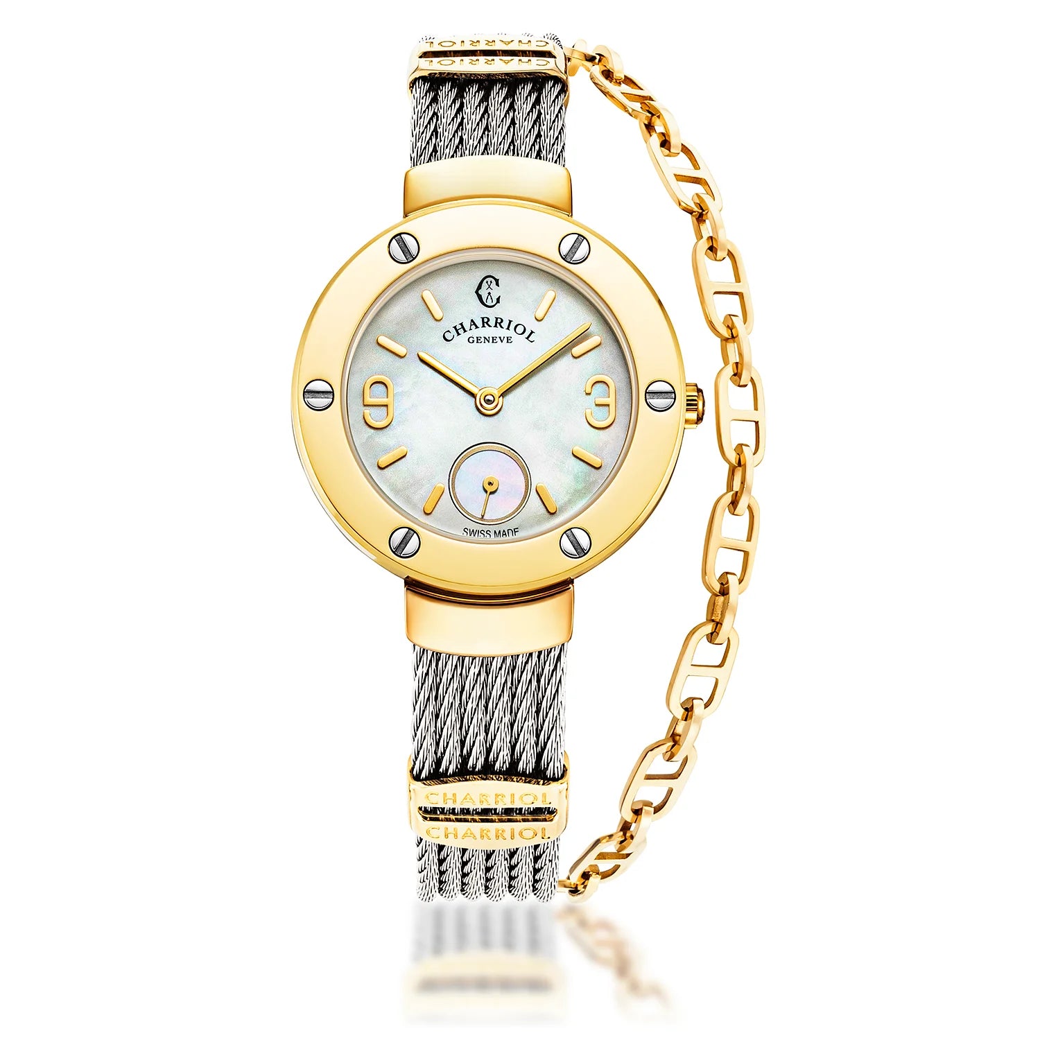 ST TROPEZ30MM, CALIBRE QUARTZ, CADRAN NACRE, PVD OR JAUNE AVEC 6 SCREWS, BRACELET CABLE ACIER - Charriol Geneve - Montres