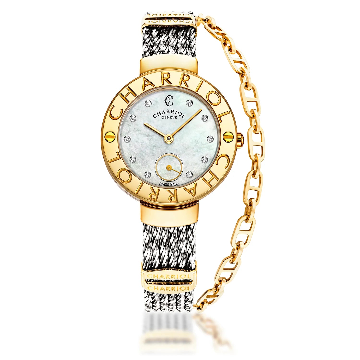 ST TROPEZ30MM, CALIBRE QUARTZ, NACRE AVEC DIAMANT 10 DIAMANTS, BEZEL "CHARRIOL CHARRIOL ", BRACELET CABLE ACIER - Charriol Geneve - Montres