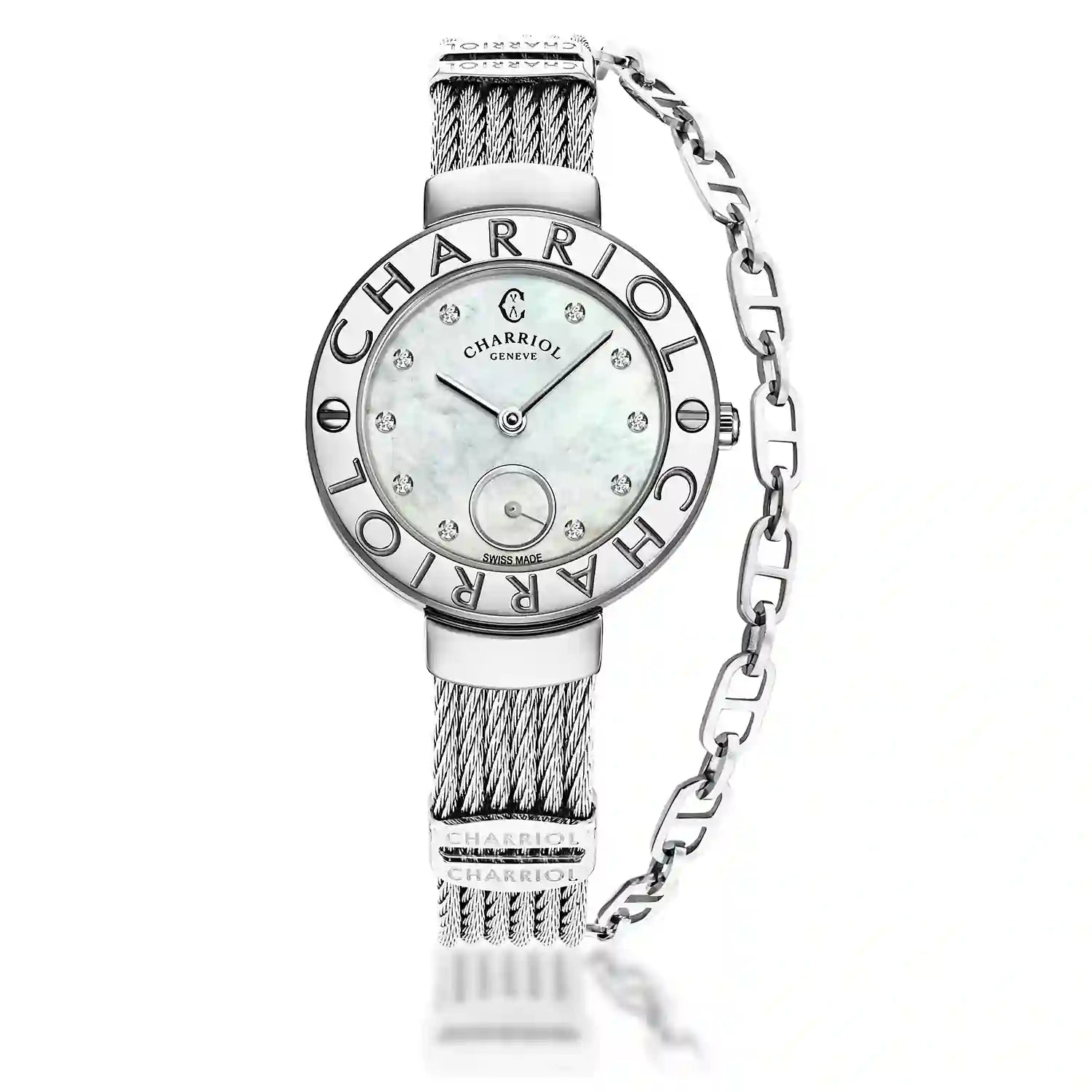 ST TROPEZ30 MM, CALIBRE À QUARTZ, CADRAN EN NACRE AVEC 10 DIAMANTS, LUNETTE "CHARRIOL CHARRIOL ", BRACELET CÂBLE EN ACIER