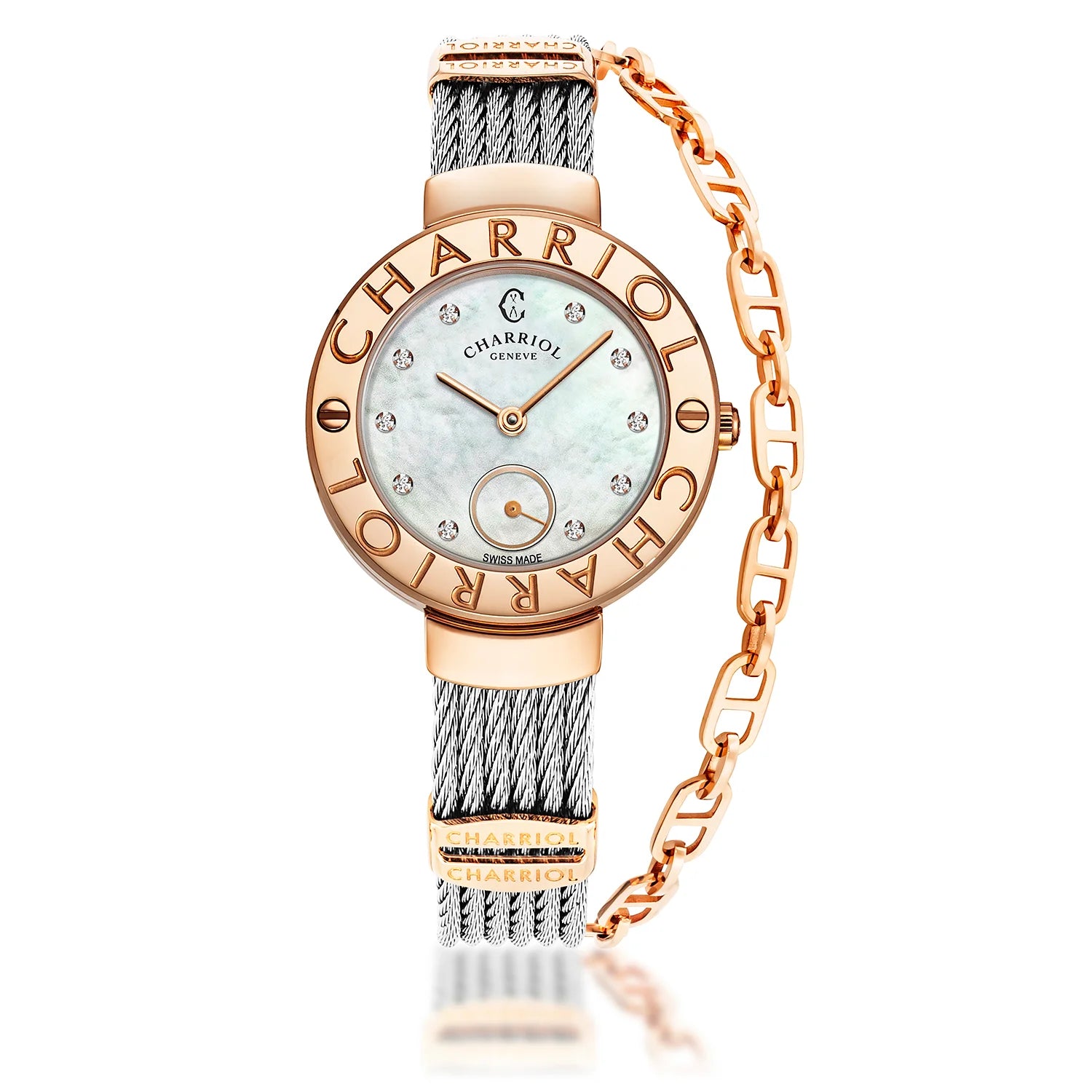 ST TROPEZ30MM, CALIBRE QUARTZ, NACRE AVEC DIAMANT 10 DIAMANTS, BEZEL "CHARRIOL CHARRIOL ", BRACELET CABLE ACIER - Charriol Geneve - Montres