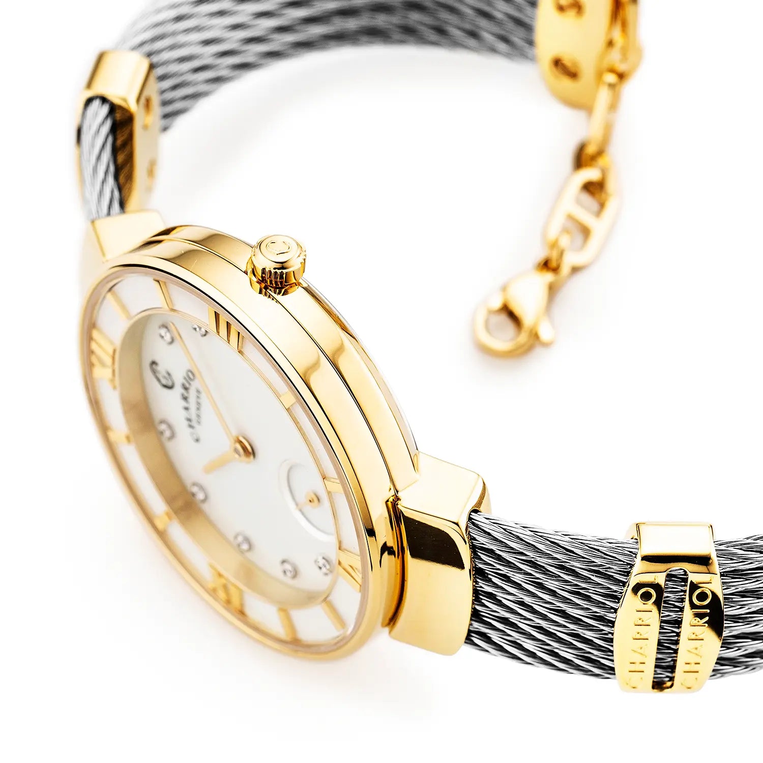 ST TROPEZ30MM, CALIBRE QUARTZ, NACRE AVEC DIAMANT 10 DIAMANTS, BEZEL NACRE, BRACELET CABLE ACIER - Charriol Geneve - Montres