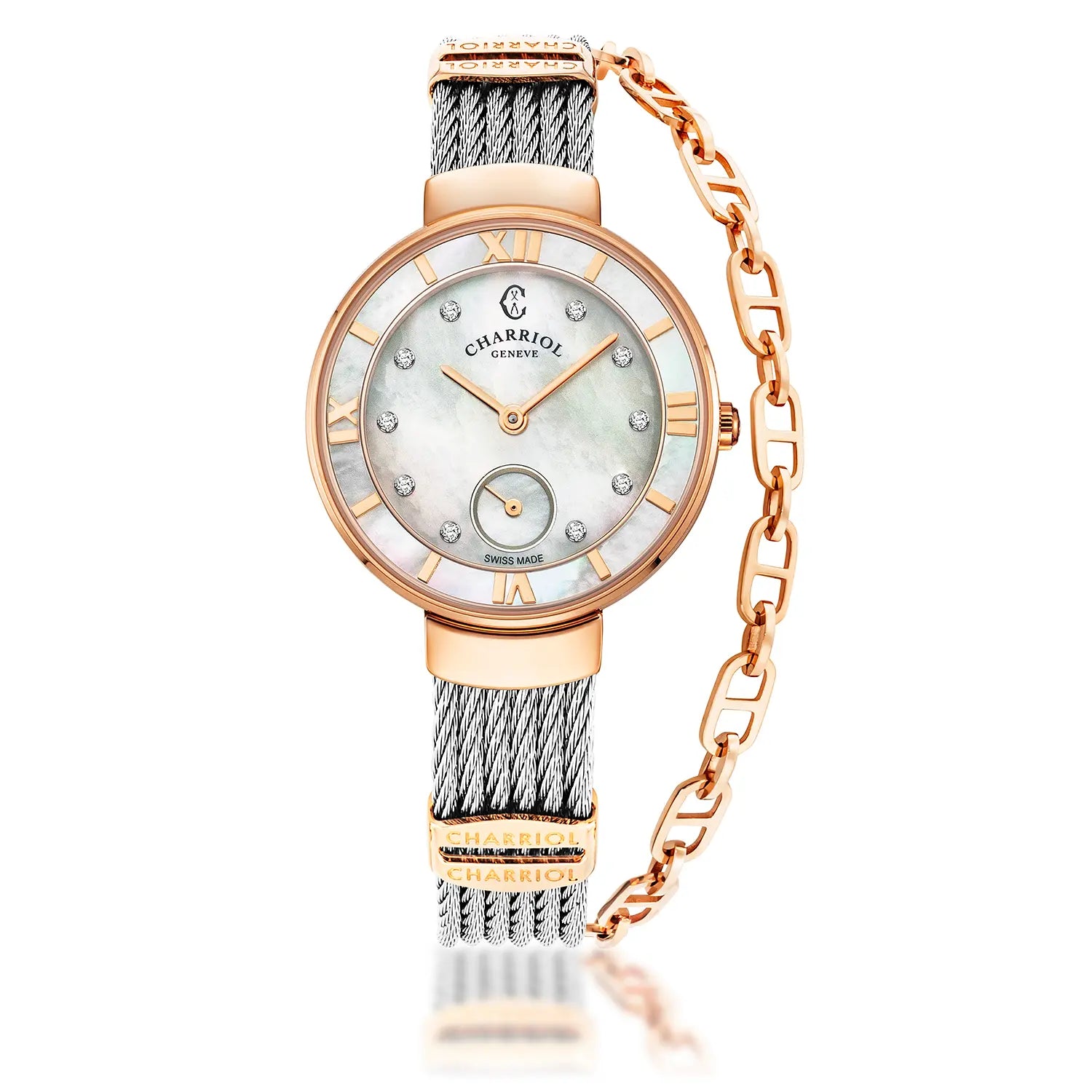 ST TROPEZ30MM, CALIBRE QUARTZ, NACRE AVEC DIAMANT 10 DIAMANTS, BEZEL NACRE, BRACELET CABLE ACIER - Charriol Geneve - Montres