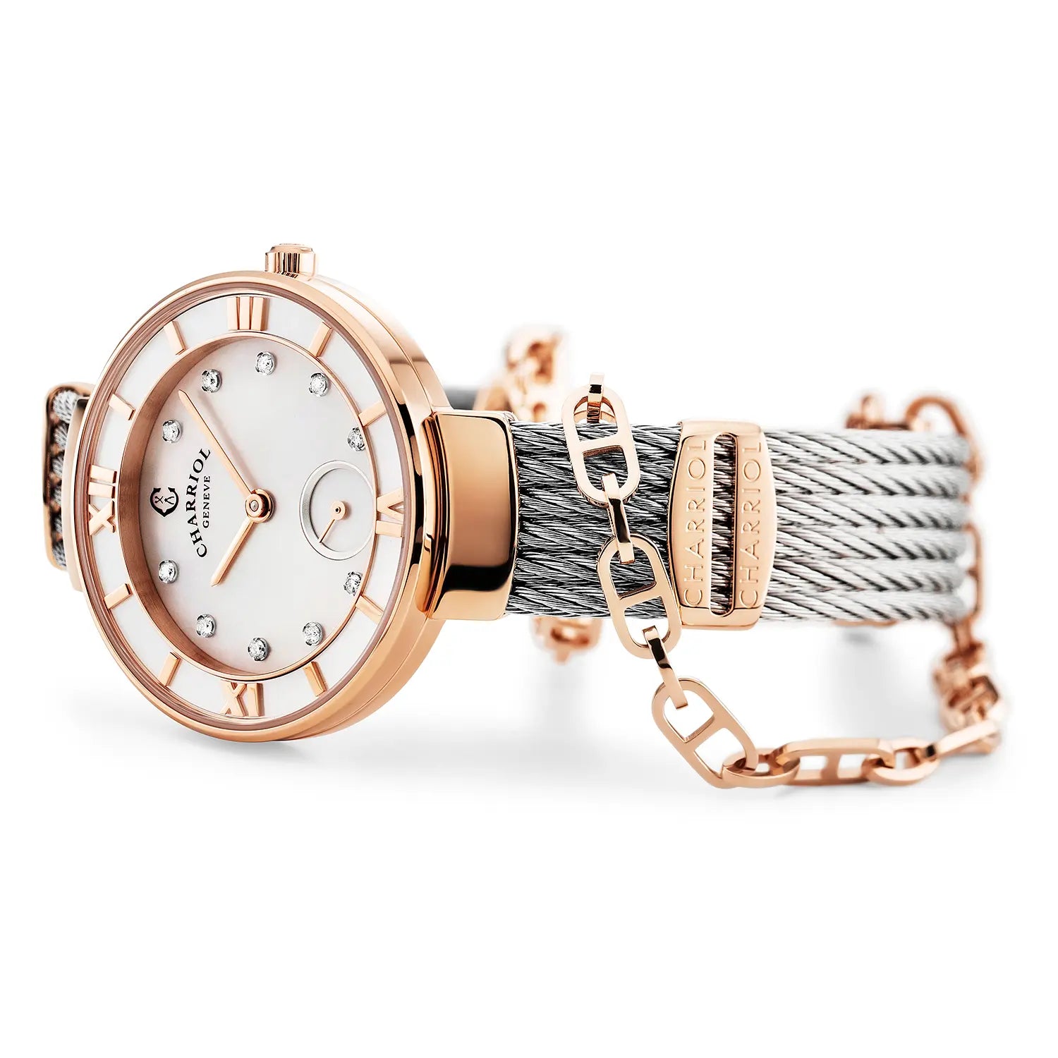 ST TROPEZ30MM, CALIBRE QUARTZ, NACRE AVEC DIAMANT 10 DIAMANTS, BEZEL NACRE, BRACELET CABLE ACIER - Charriol Geneve - Montres