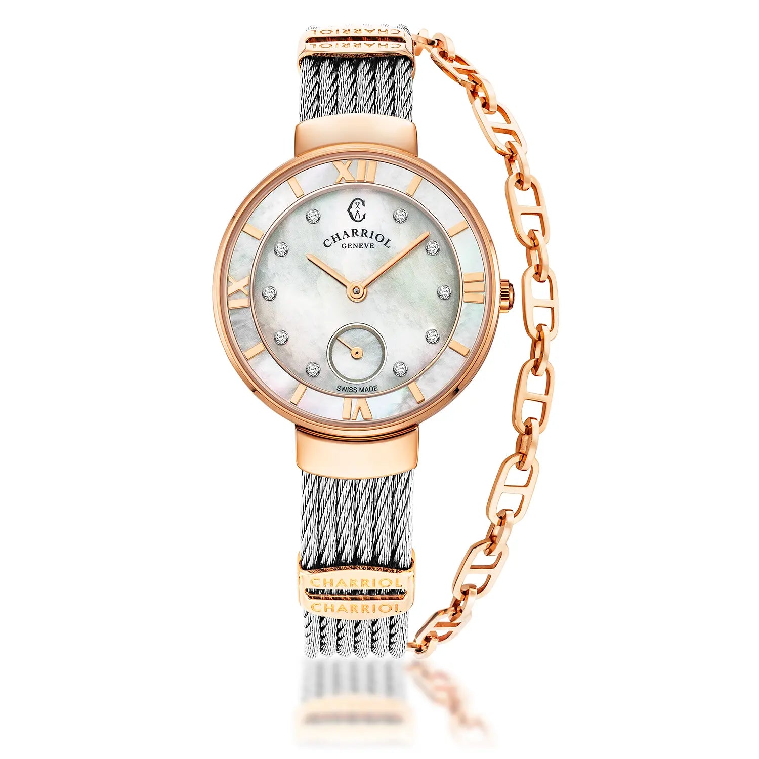 ST TROPEZ30MM, CALIBRE QUARTZ, NACRE AVEC DIAMANT 10 DIAMANTS, BEZEL NACRE, BRACELET CABLE ACIER - Charriol Geneve - Montres