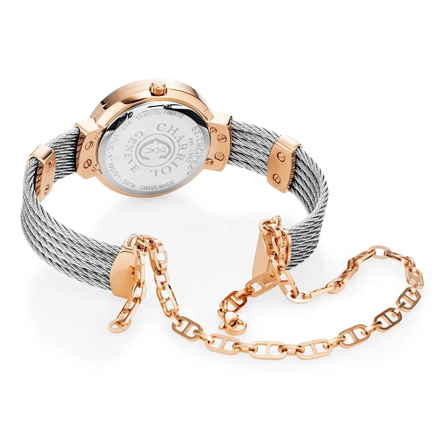 ST TROPEZ30MM, CALIBRE QUARTZ, NACRE AVEC DIAMANT 10 DIAMANTS, BEZEL NACRE, BRACELET CABLE ACIER - Charriol Geneve - Montres