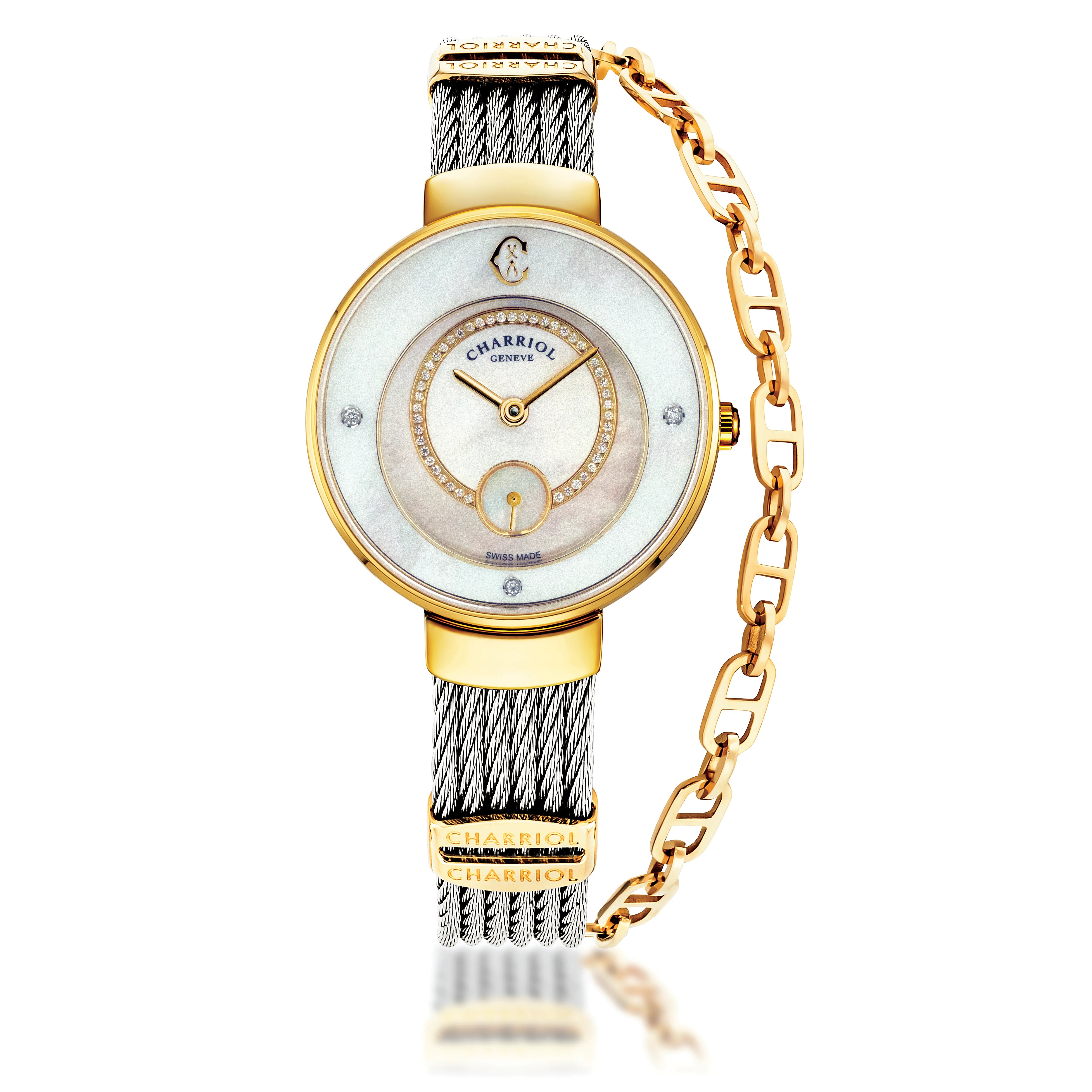 ST-TROPEZ® ECLIPSE, 30MM, STEEL YELLOW GOLD PVD BEZEL, WHITE MOTHER-OF-PEARL WITH 47 DIAMONDS DIAL, STEEL CABLE WITH YELLOW GOLD PVD DECORS BRACELET - ©2025 Philippe Charriol International Ltd. -  Watch