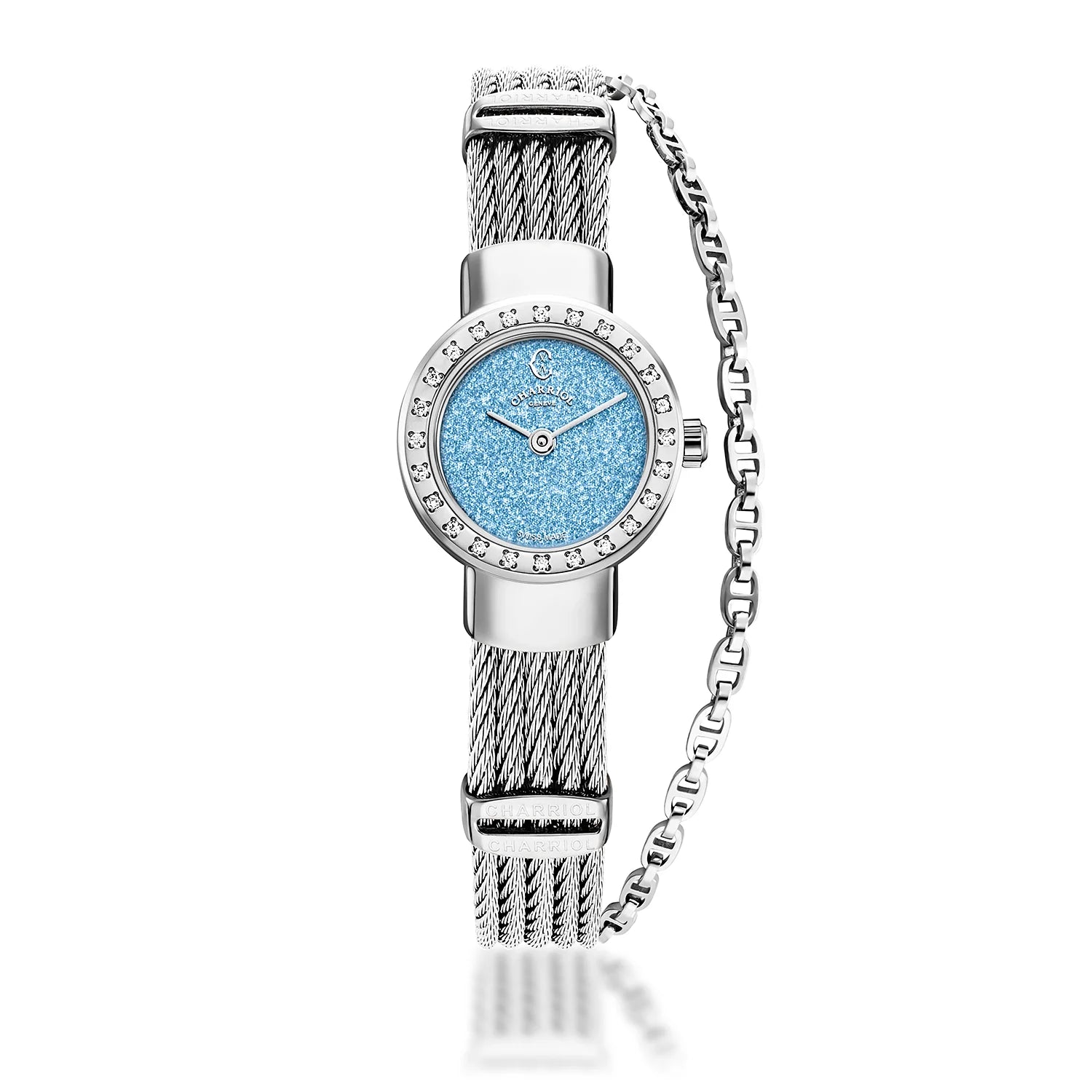 ST TROPEZ GLITTERS20MM, CALIBRE QUARTZ, CADRAN BLEU GLITTER , BAGUE 24 DIAMANTS, BRACELET CABLE ACIER - Charriol Geneve - Montres