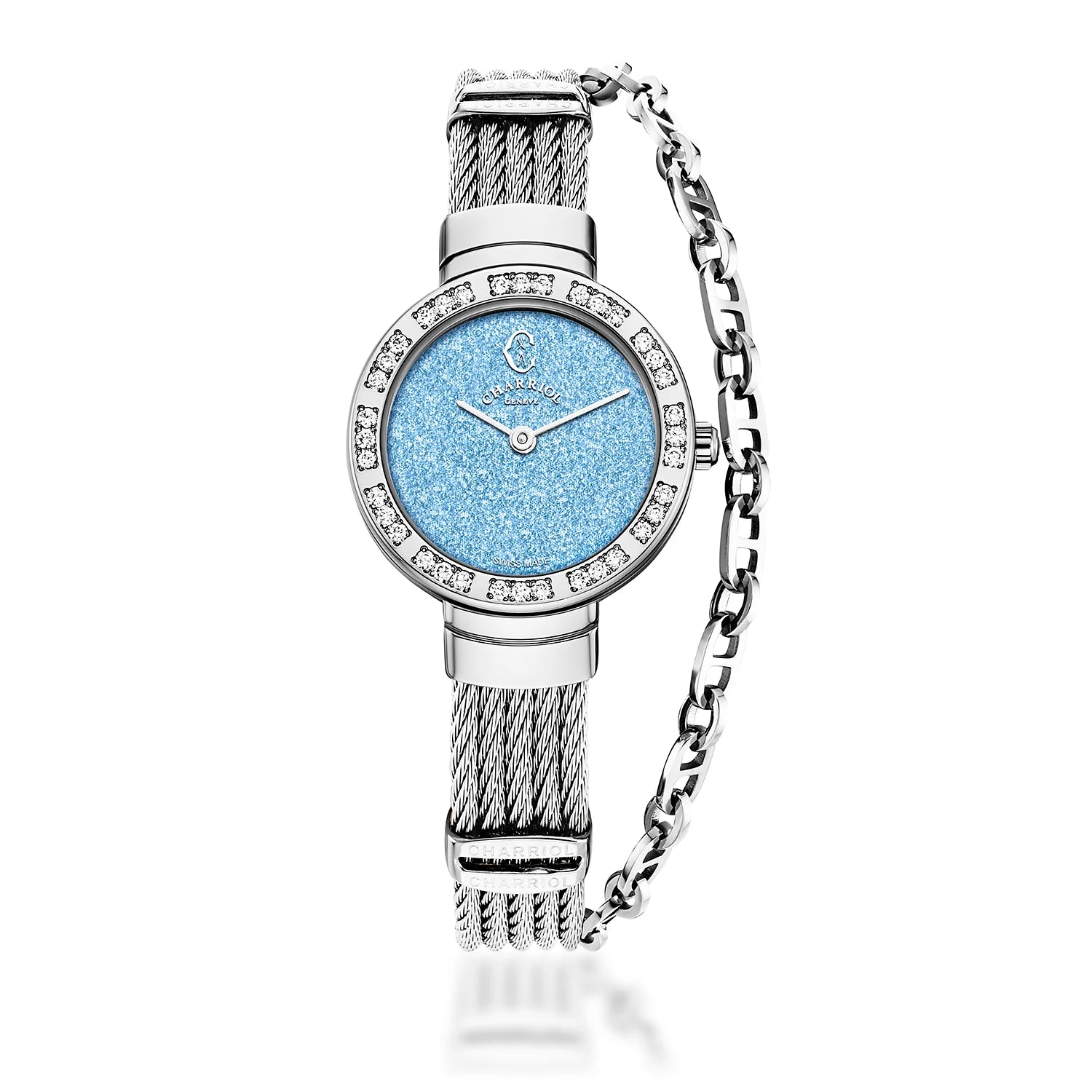 ST TROPEZ GLITTERS30MM, CALIBRE QUARTZ, CADRAN BLEU GLITTER , 36 DIAMANTS, BRACELET CABLE ACIER - Charriol Geneve - Montres