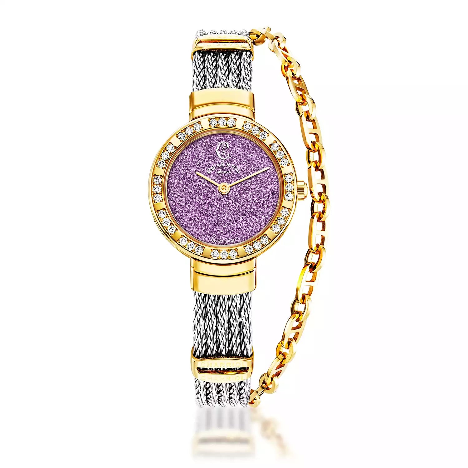 ST TROPEZ GLITTERS25MM, CALIBRE QUARTZ, CADRAN PURPLE GLITTER , PVD OR JAUNE AVEC 36 DIAMANTS, BRACELET CABLE ACIER - Charriol Geneve - Montres