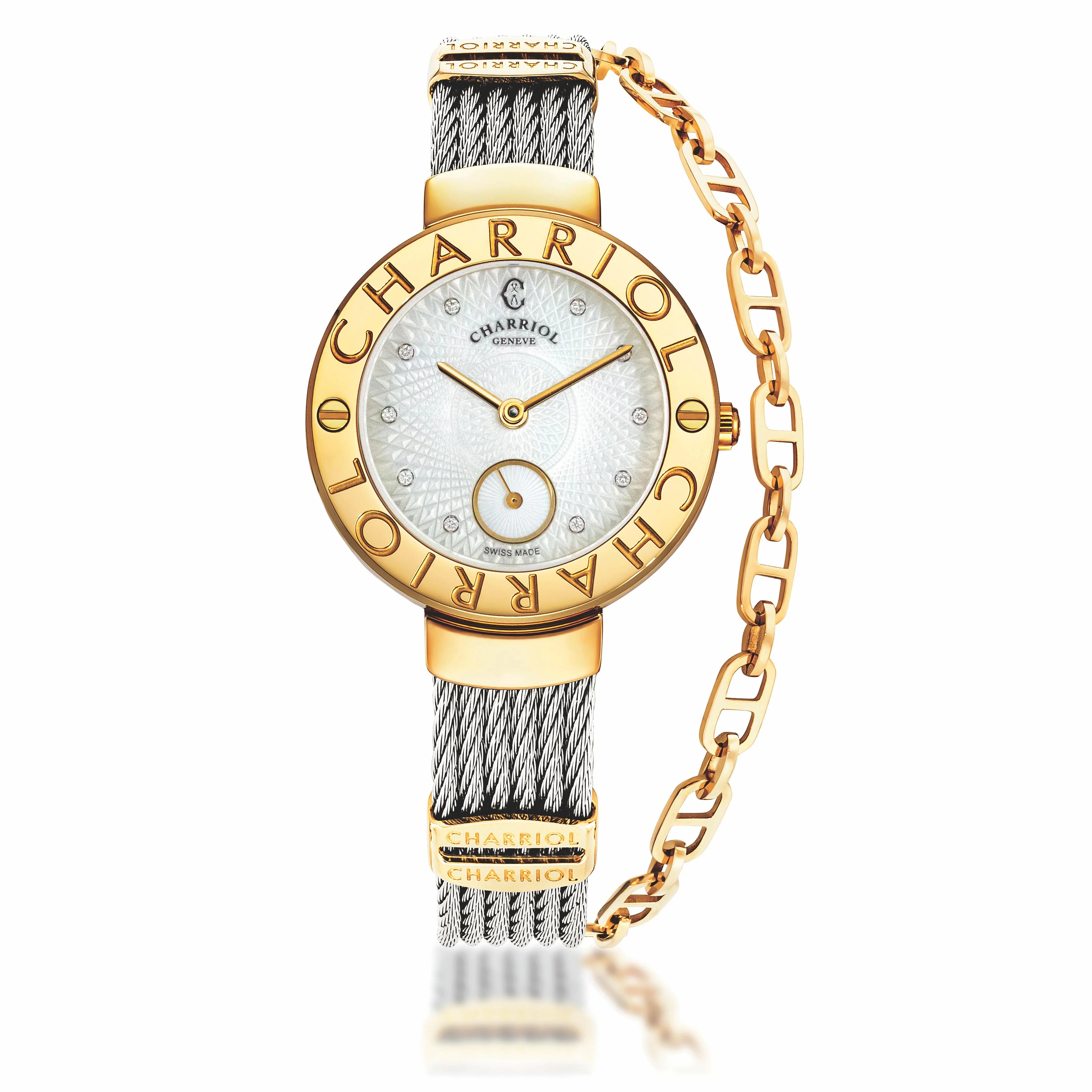 ST-TROPEZ® GUILLOCHE, 30MM, STEEL YELLOW GOLD PVD BEZEL, WHITE GUILLOCHE MOTHER-OF-PEARL WITH 10 DIAMONDS DIAL, STEEL CABLE WITH YELLOW GOLD PVD DECORS BRACELET - ©2025 Philippe Charriol International Ltd. -  Watch