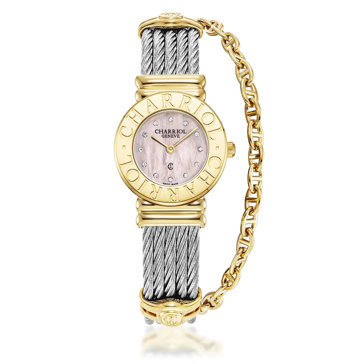 St Tropez Montre Icon 24,5 mm PVD or jaune, câble acier, lunette Charriol et 12 diamants cadran MOP rose - Charriol Geneve - Montres