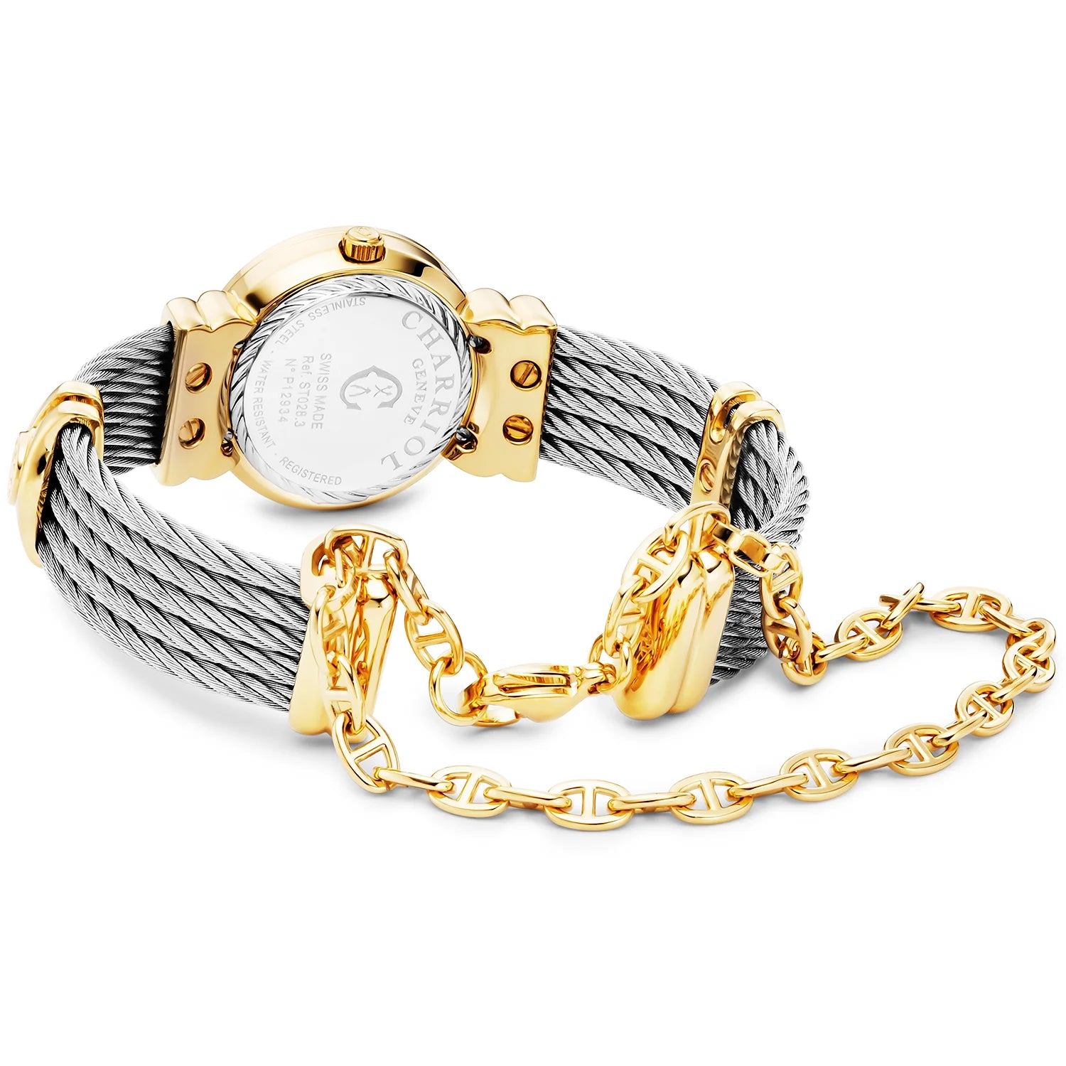 St Tropez Montre Icon 24,5 mm PVD or jaune, câble acier, lunette Charriol et 12 diamants cadran MOP rose - Charriol Geneve - Montres