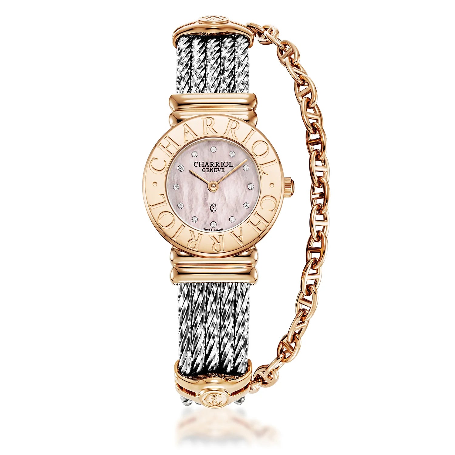 St Tropez Montre Icon 24,5 mm PVD or rose, câble acier, lunette Charriol et 12 diamants cadran MOP rose - Charriol Geneve - Montre