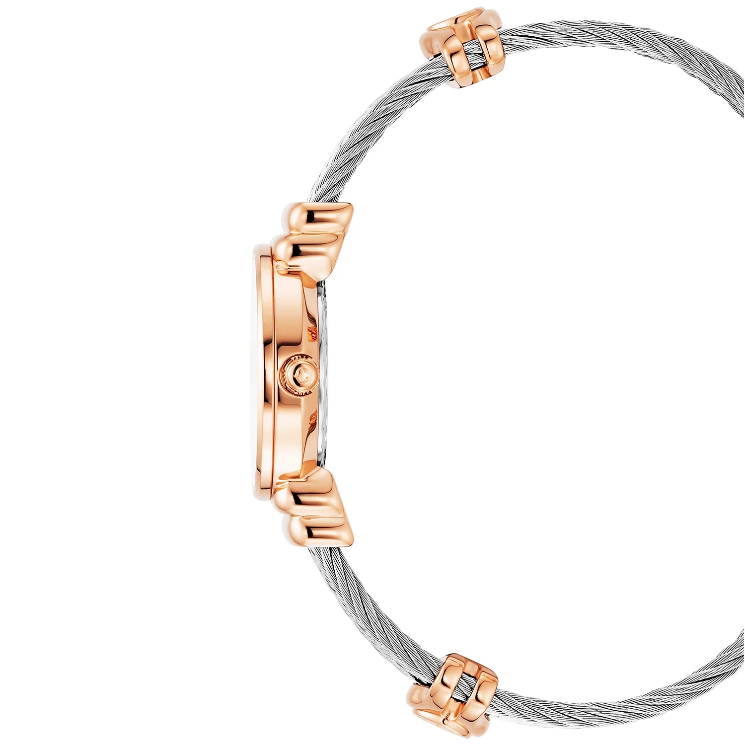 St Tropez Montre Icon 24,5 mm PVD rose, câble acier, lunette 8 diamants et cadran MOP blanc - Charriol Geneve - Montres