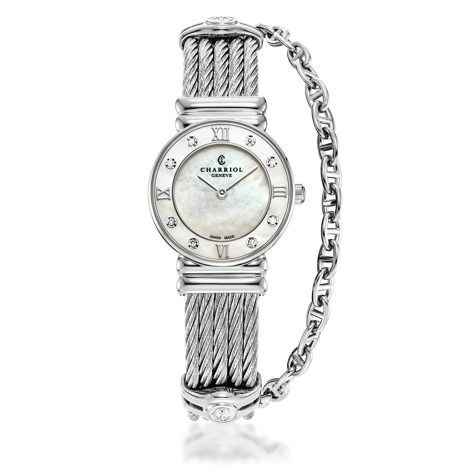 St Tropez Montre Icon 24,5 mm en acier inoxydable, câble en acier, lunette 8 diamants et cadran MOP blanc - Charriol Geneve - Montre