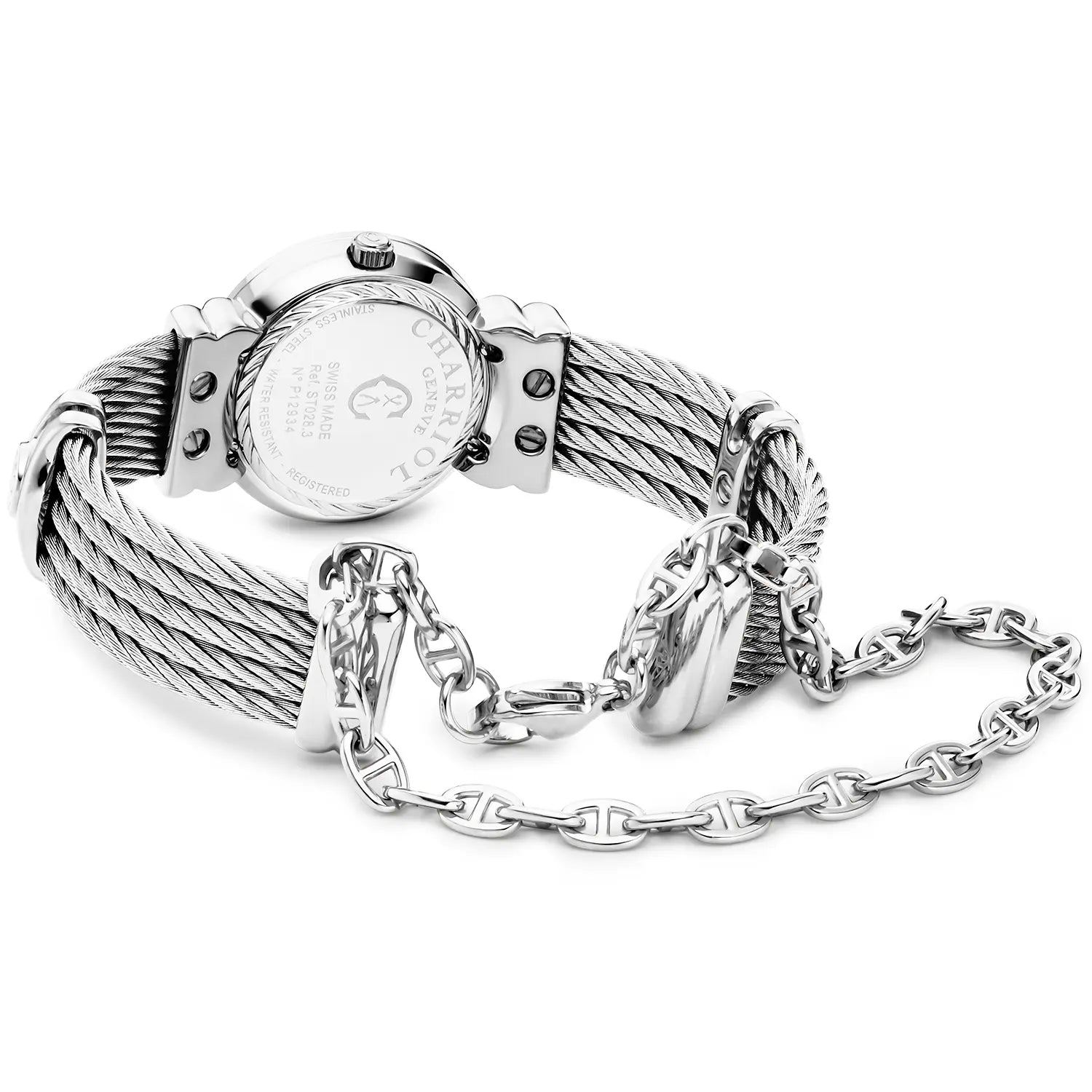 St Tropez Montre Icon 24,5 mm en acier inoxydable, câble en acier, lunette 8 diamants et cadran MOP blanc - Charriol Geneve - Montre