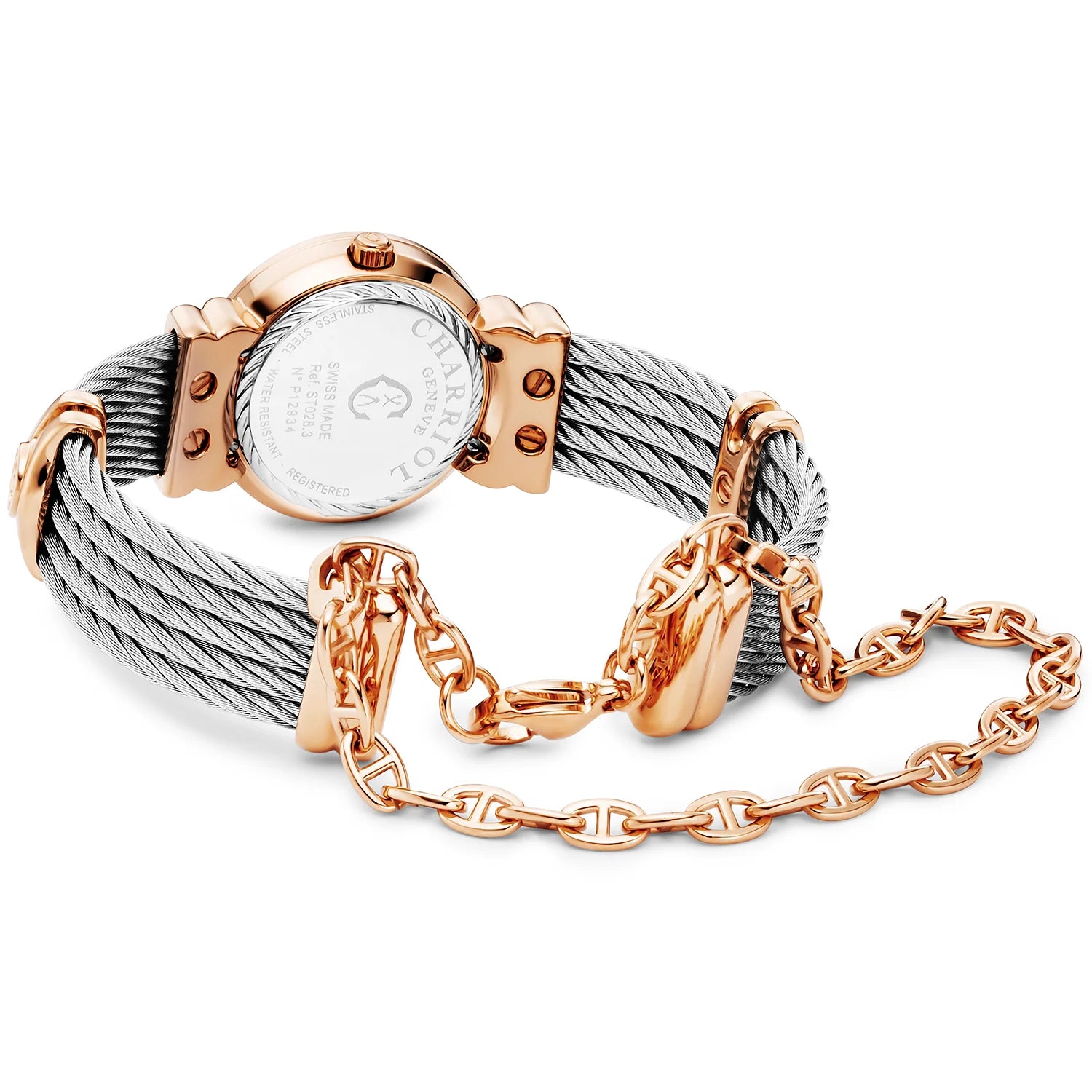 St Tropez Montre Icon 24,5 mm PVD or rose, câble acier, lunette Charriol et 12 diamants cadran MOP blanc - Charriol Geneve - Montre