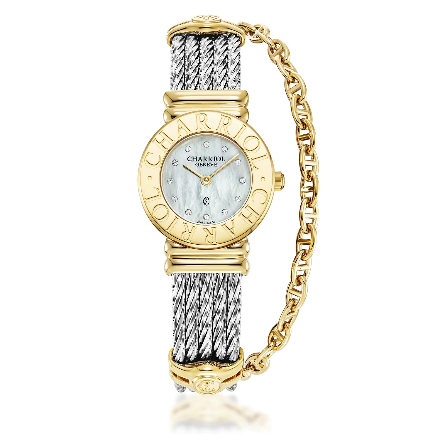 St Tropez Montre Icon 24,5 mm Or jaune, câble acier, Charriol Lunette et 12 diamants Cadran MOP blanc - Charriol Geneve - Montre