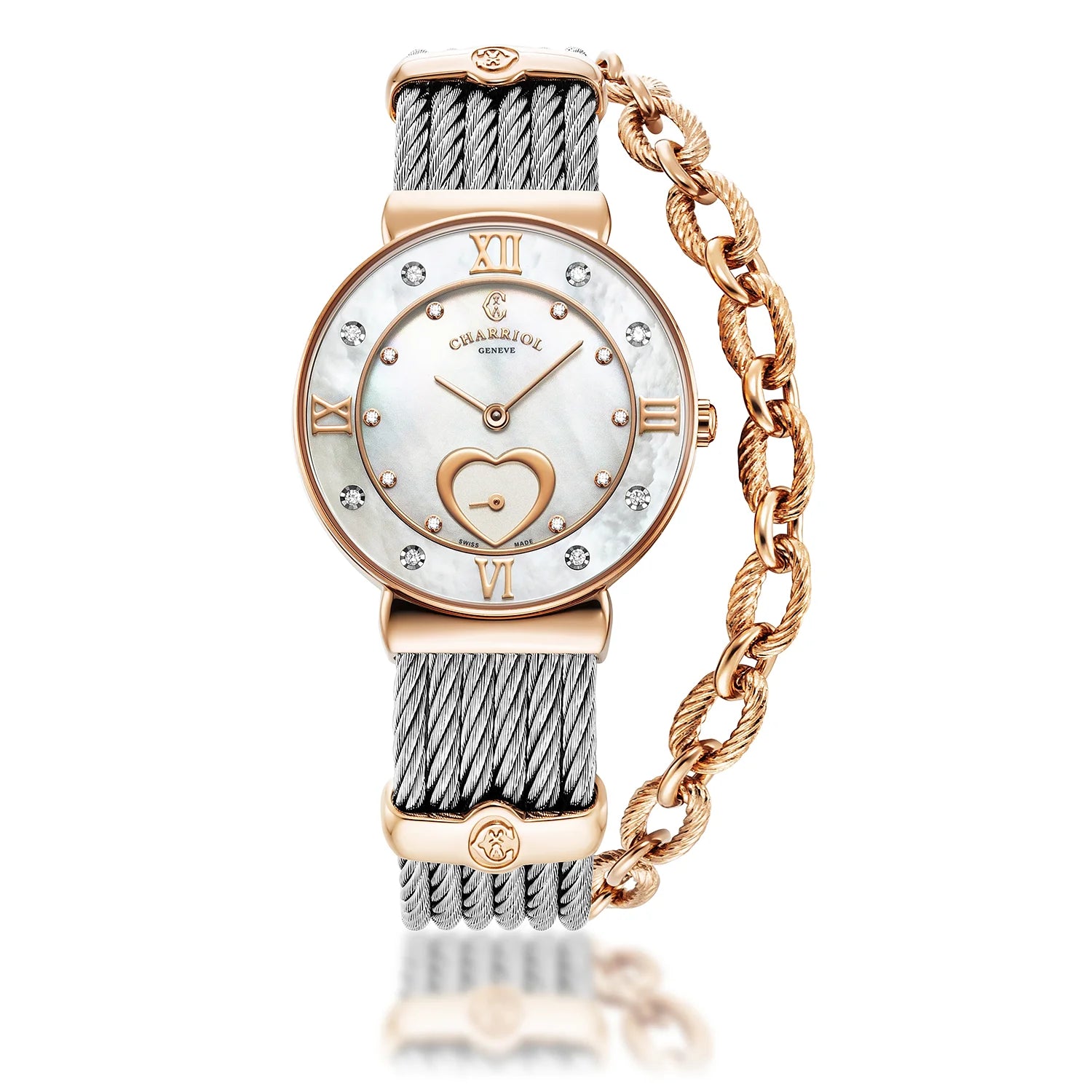 ST TROPEZ ICON, 30MM, CALIBRE QUARTZ, CADRAN COEUR NACRE, NACRE AVEC 8 DIAMANTS, BRACELET CABLE ACIER - Charriol Geneve - Montres