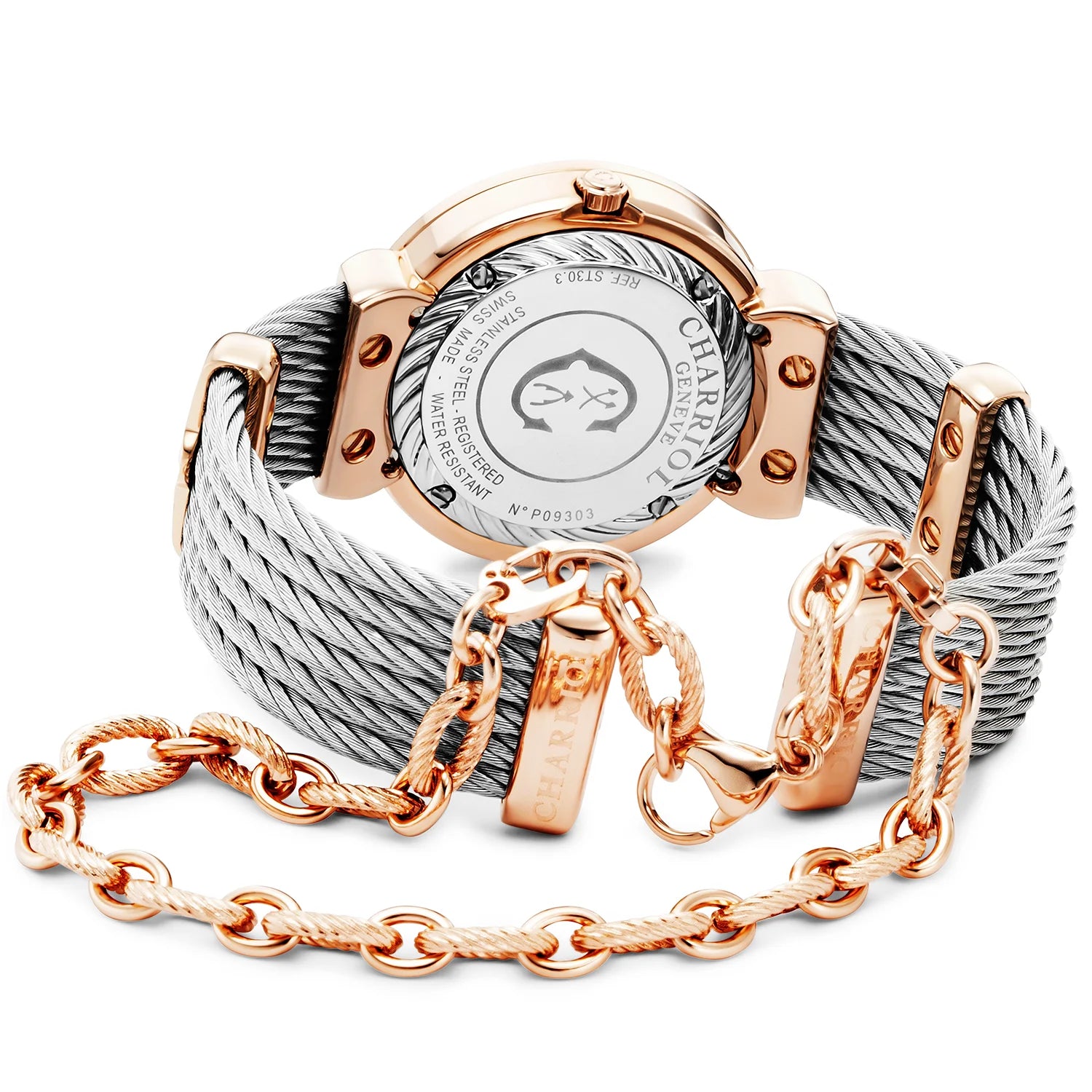 ST TROPEZ ICON, 30MM, CALIBRE QUARTZ, CADRAN COEUR NACRE, NACRE AVEC 8 DIAMANTS, BRACELET CABLE ACIER - Charriol Geneve - Montres