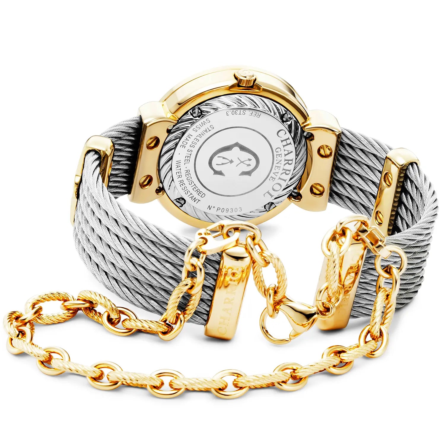 ST TROPEZ ICON, 30MM, CALIBRE QUARTZ, CADRAN HIBISCUS EN NACRE, BEZEL EN NACRE AVEC 8 DIAMANTS, BRACELET CABLE ACIER - Charriol Geneve - Montres
