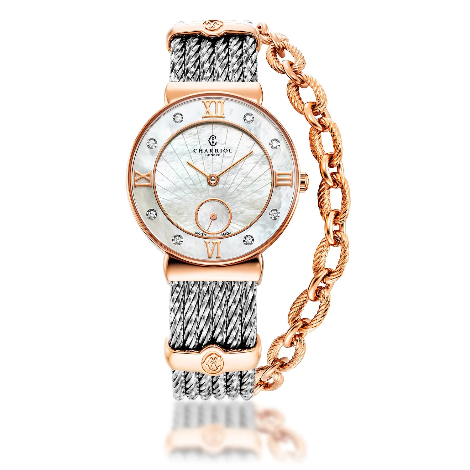 ST TROPEZ ICON, 30MM, CALIBRE QUARTZ, CADRAN NACRE SUNSHINE, NACRE AVEC 8 DIAMANTS, BRACELET CABLE ACIER - Charriol Geneve - Montres