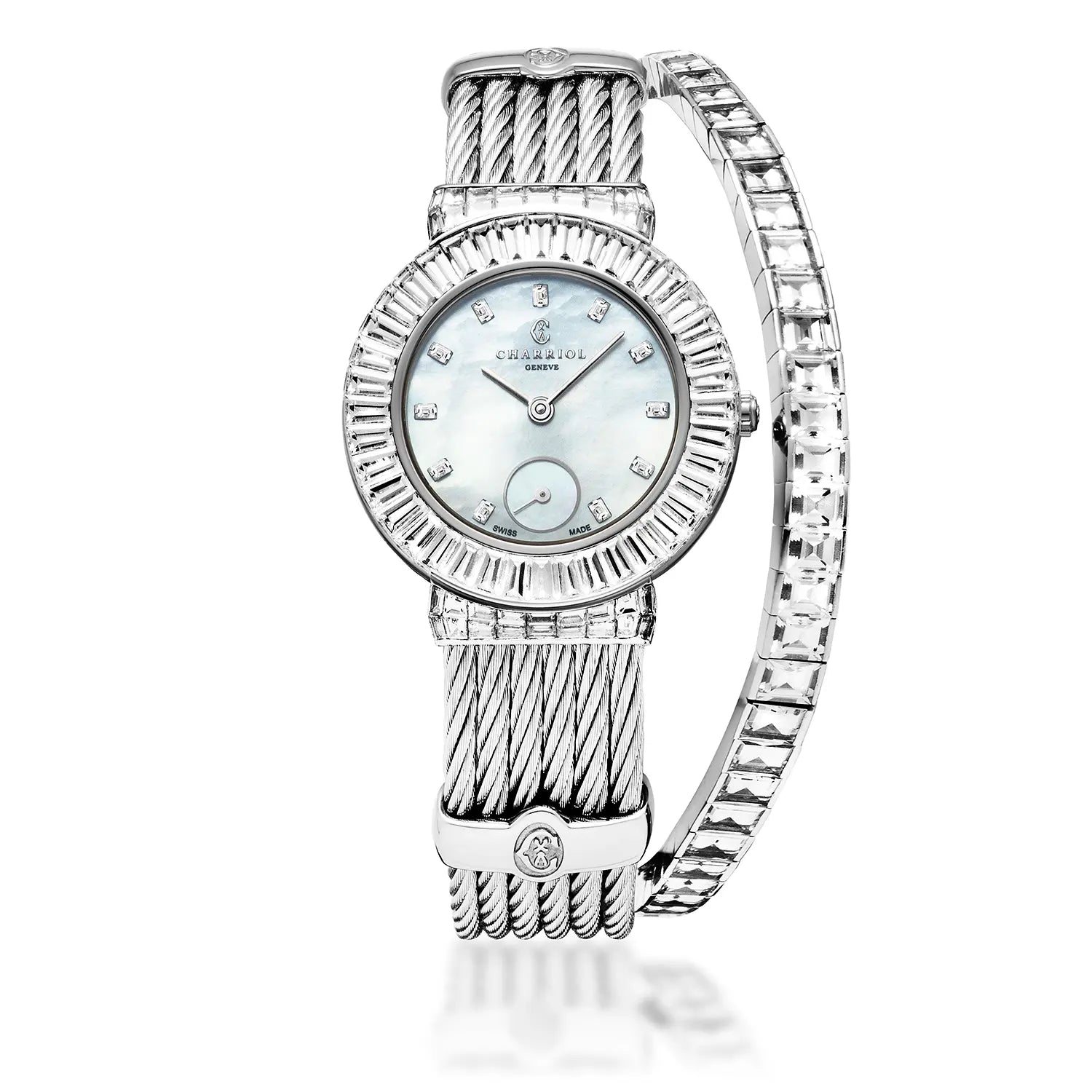 ST TROPEZ ICON, 30MM, CALIBRE QUARTZ, NACRE AVEC 11 DIAMANTS BAGUETTES, PLEIN DIAMANTS BAGUETTES BEZEL, CABLE ACIER AVEC DIAMANTS BAGUETTES BRACELET - Charriol Geneve - Montres