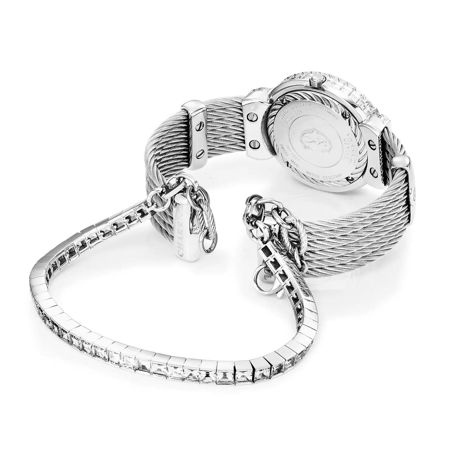 ST TROPEZ ICON, 30MM, CALIBRE QUARTZ, NACRE AVEC 11 DIAMANTS BAGUETTES, PLEIN DIAMANTS BAGUETTES BEZEL, CABLE ACIER AVEC DIAMANTS BAGUETTES BRACELET - Charriol Geneve - Montres