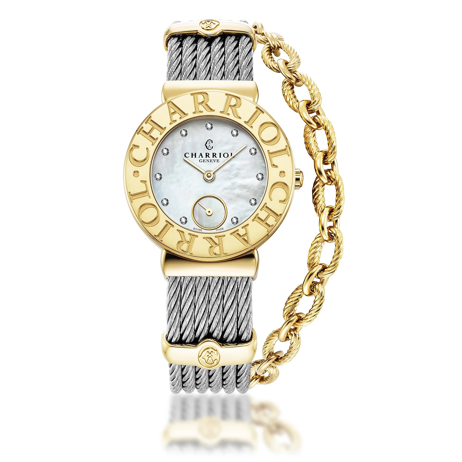 ST TROPEZ ICON, 30MM, CALIBRE QUARTZ, NACRE AVEC 11 DIAMANTS, "CHARRIOL CHARRIOL " BEZEL, BRACELET CABLE ACIER - Charriol Geneve - Montres