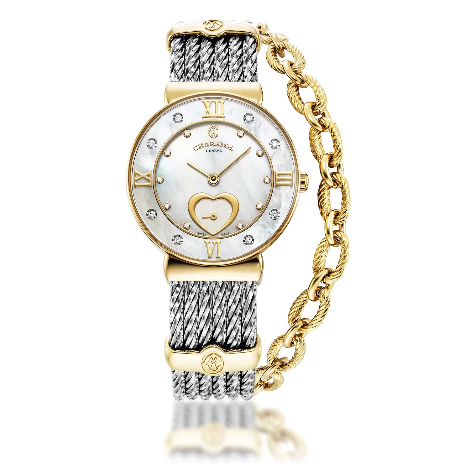 ST TROPEZ ICON, 30MM, CALIBRE QUARTZ, CADRAN COEUR NACRE, NACRE AVEC 8 DIAMANTS, BRACELET CABLE ACIER - Charriol Geneve - Montres