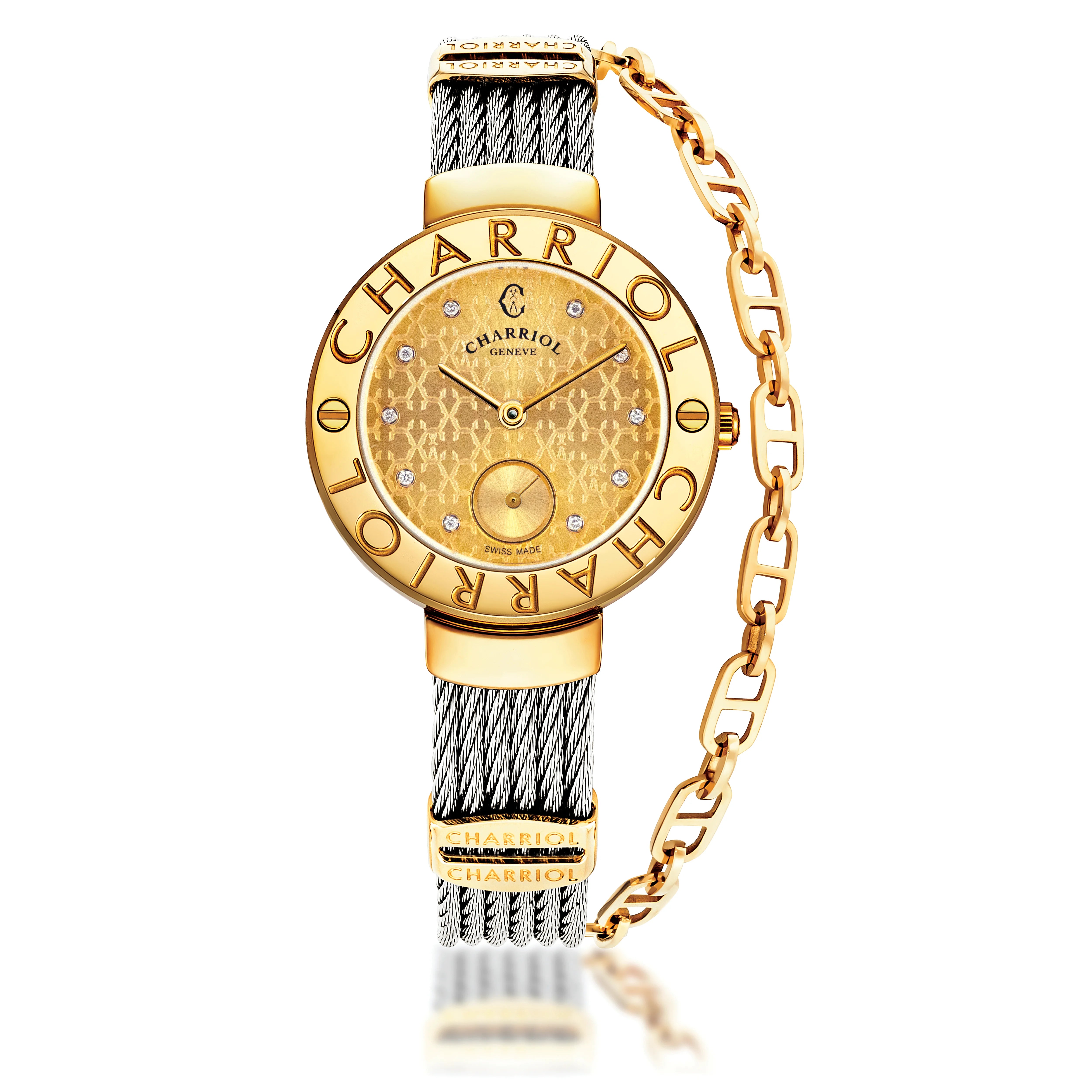 ST-TROPEZ® MONOGRAM, 30MM, STEEL YELLOW GOLD PVD BEZEL, CHAMPAGNE MONOGRAM WITH 10 DIAMONDS DIAL, STEEL CABLE WITH YELLOW GOLD PVD DECORS BRACELET - ©2025 Philippe Charriol International Ltd. -  Watch