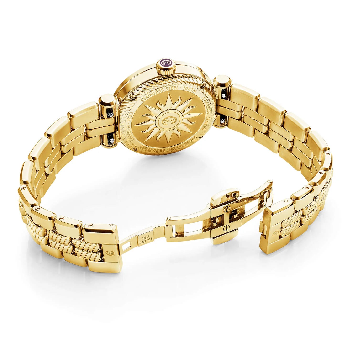 NAVIGATOR CRUISECalibre Quartz, 36mm, Nacre blanche avec cadran 12 chiffres romains, Acier PVD Or Jaune avec 30 DIAMANTS et 6 SCREWS, BRACELET INTERCHANGEABLE en METAL PVD Or Jaune - © 2024 Charriol - Montres