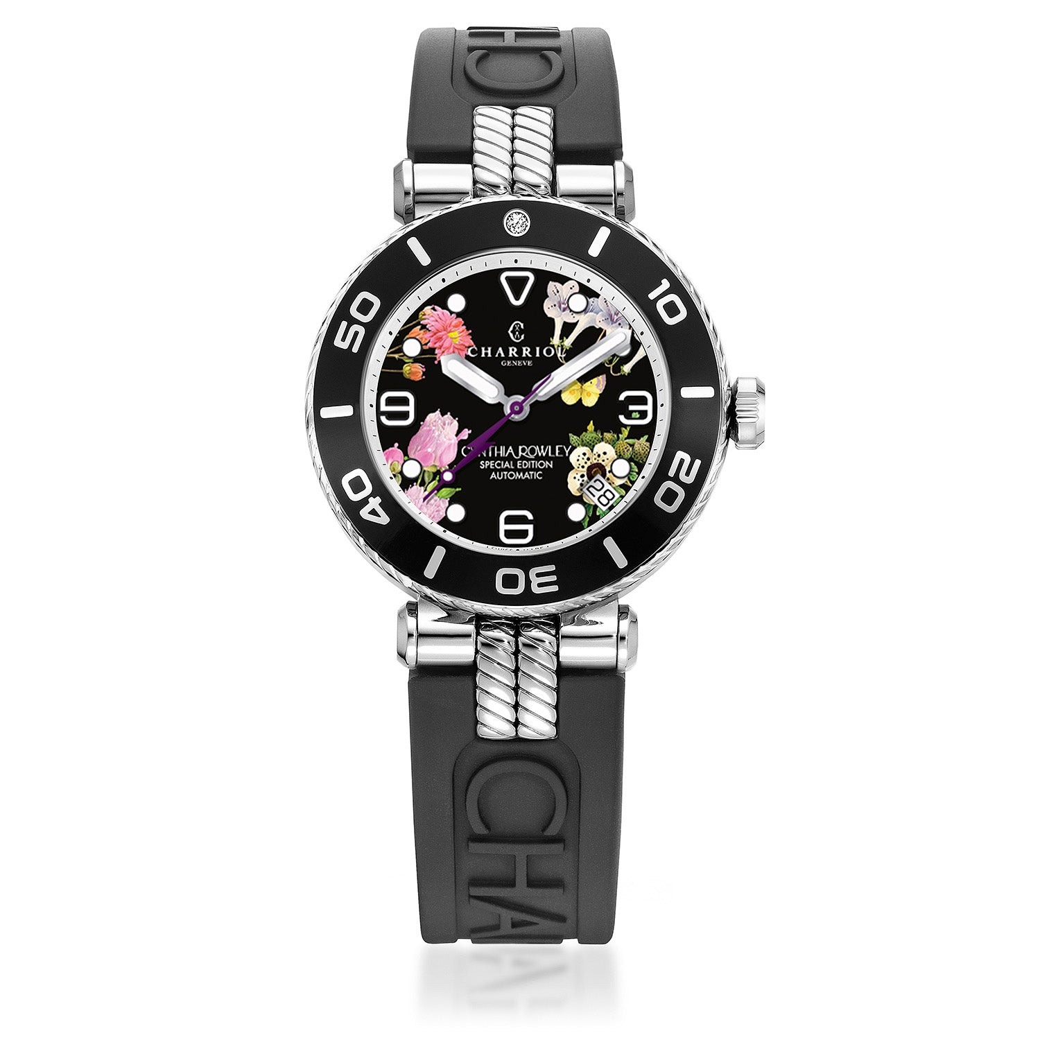 NAVIGATOR SURF, 36MM, CALIBRE AUTOMATIQUE, CADRAN FLEUR NOIRE, BAGUE NOIRE AVEC 1 DIAMANT, BRACELET INTERCHANGEABLE EN CAOUTCHOUC NOIR - © 2024 Charriol - Montre