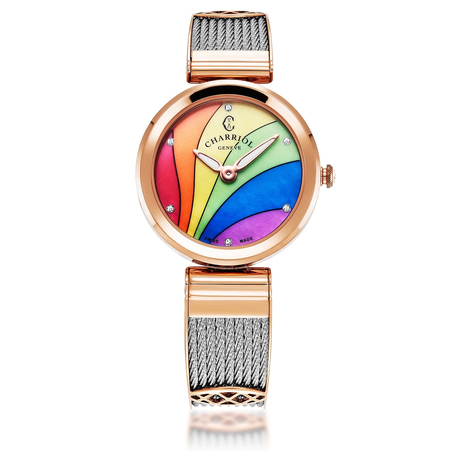 FOREVERCALIBRE QUARTZ, RAINBOW AVEC CADRAN 6 ZIRCONIAS, BRACELET ACIER PVD ROSE GOLD, BRACELET CABLE ACIER - Charriol Geneve - Montres