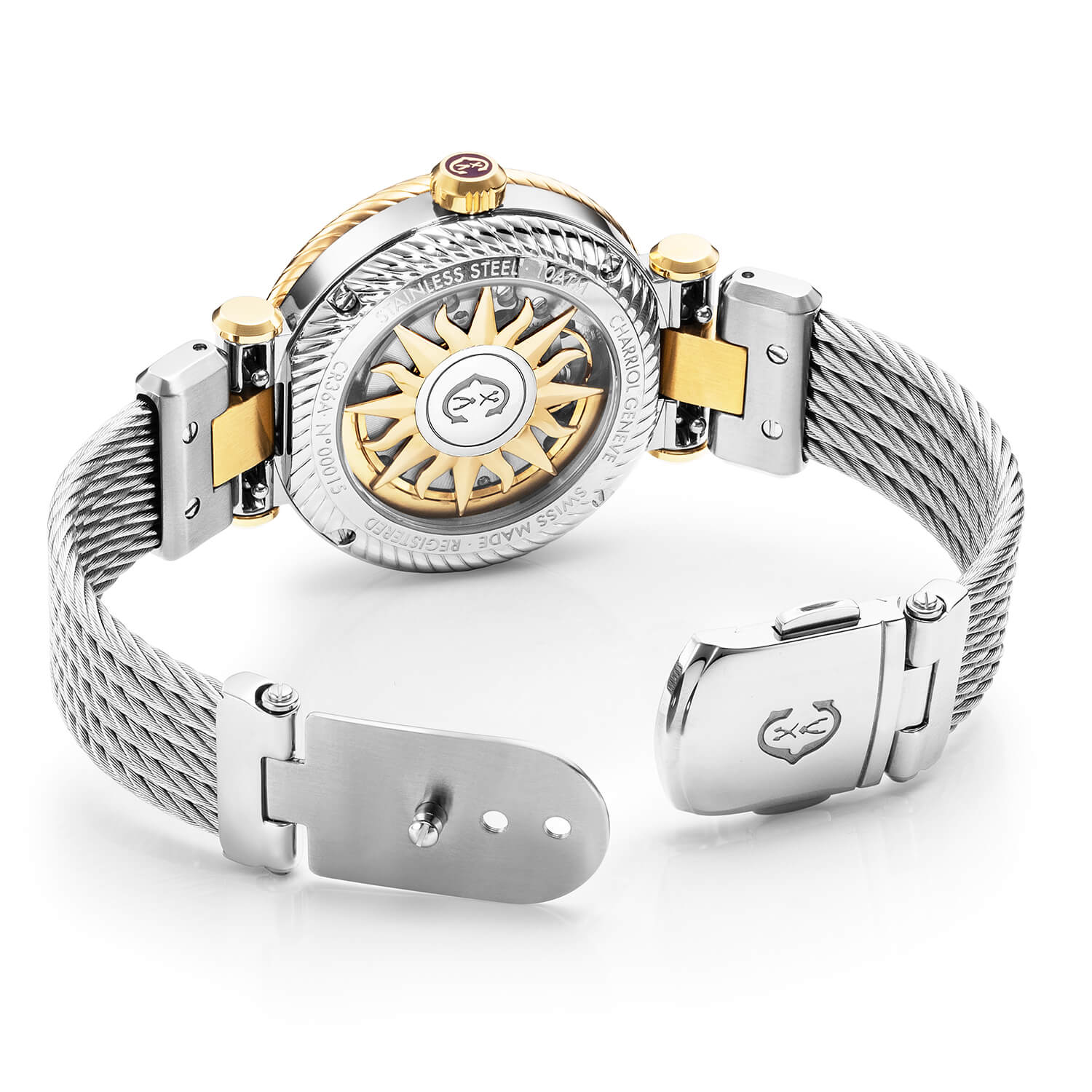 NAVIGATOR SURF, 36MM, CALIBRE AUTOMATIQUE, NACRE BLANCHE ET ARGENT AVEC CADRAN DE 8 DIAMANTS, PVD OR JAUNE ACIER AVEC 30 DIAMANTS CLEAR CUT ET 6 DIAMANTS CLEAR CUT BEZEL, BRACELET CABLE INTERCHANGEABLE ACIER AVEC PVD OR JAUNE ATTACHÉ - © 2024 Charriol - Montres