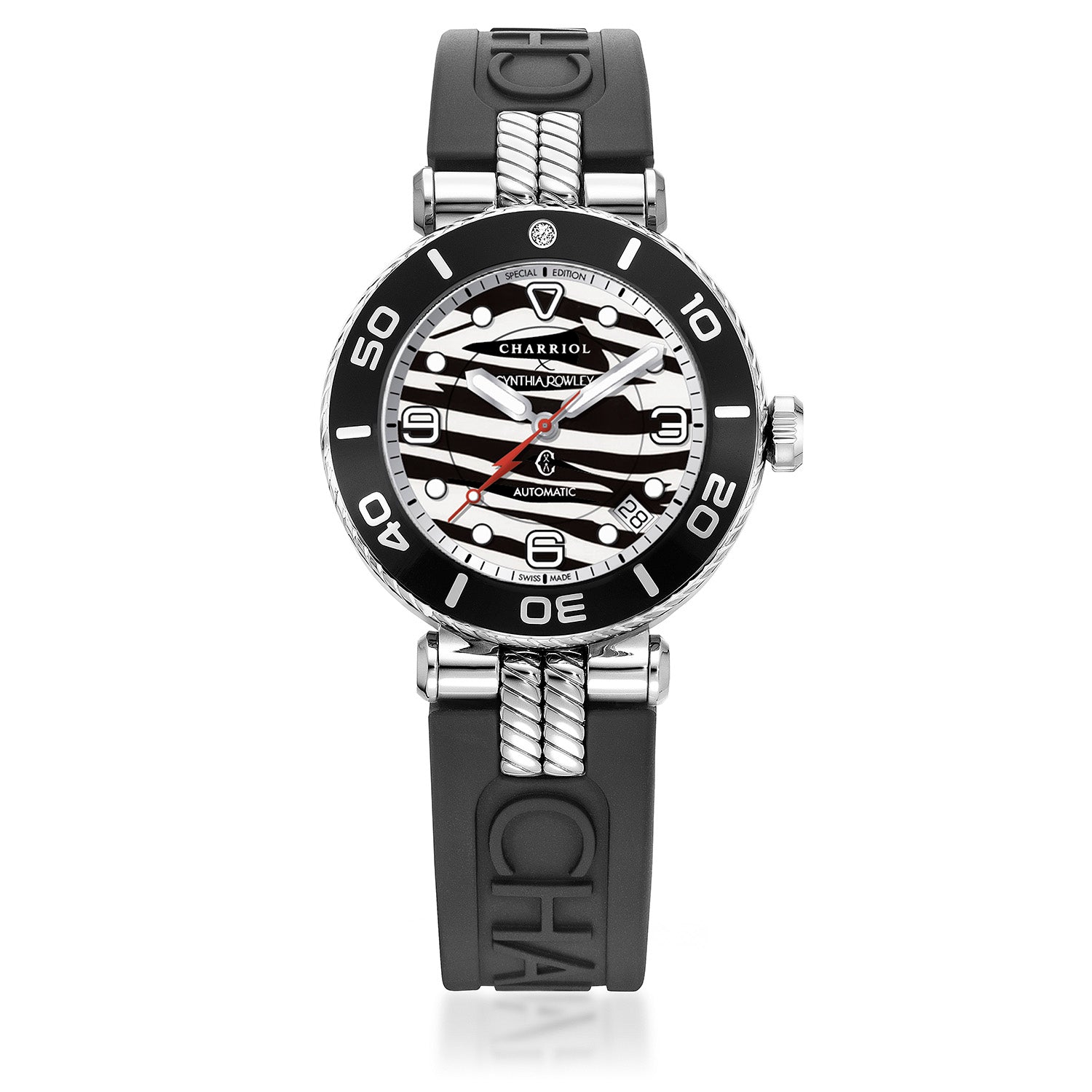 NAVIGATOR SURF, 36MM, CALIBRE AUTOMATIQUE, CADRAN REQUIN, NOIR AVEC 1 DIAMANT, BRACELET INTERCHANGEABLE EN CAOUTCHOUC NOIR - © 2024 Charriol - Montre