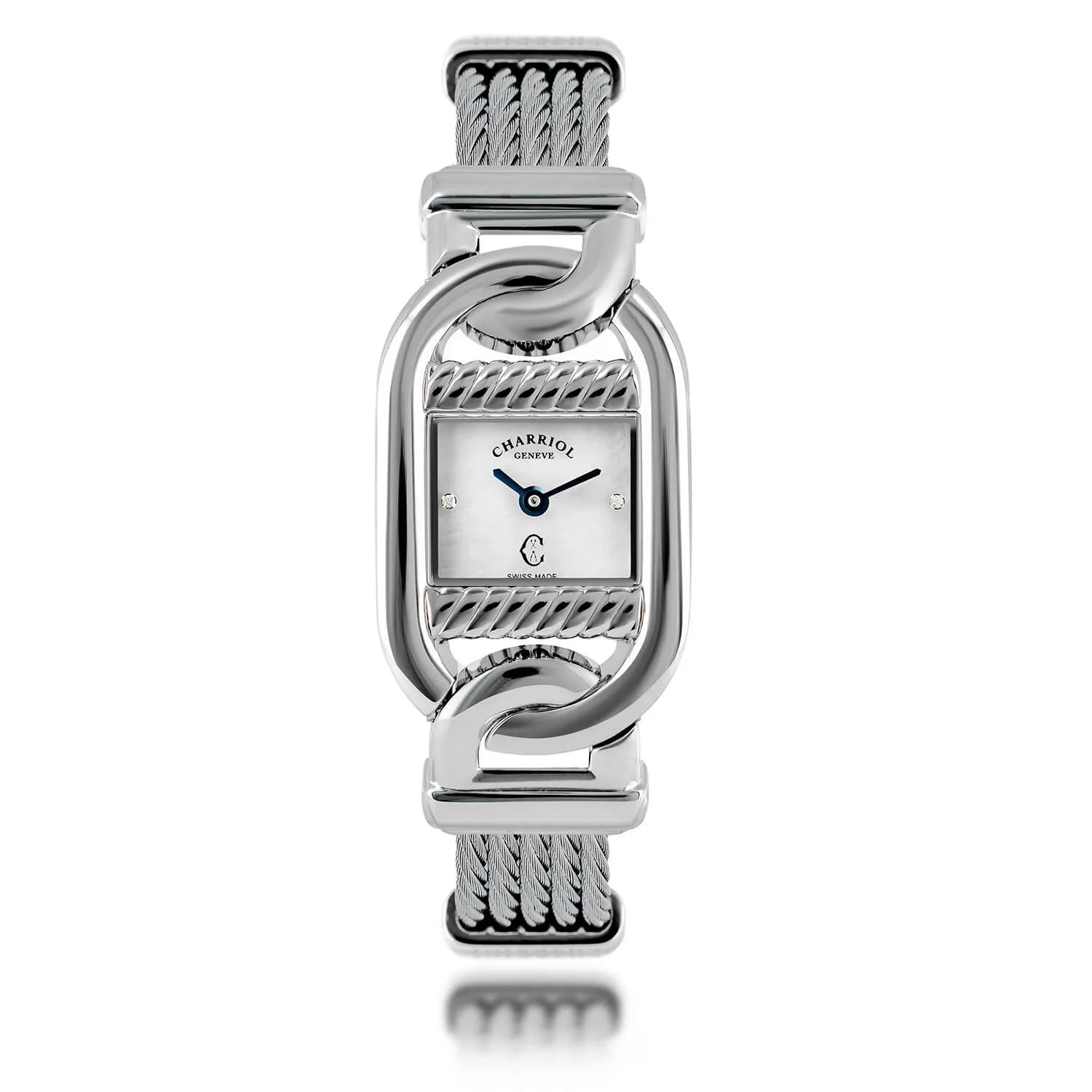 MARINER, 20MM, QUARTZ CALIBRE, STEEL CASE, WHITE MOTHER-OF-PEARL WITH 2 DIAMONDS DIAL, STEEL CABLE BRACELET