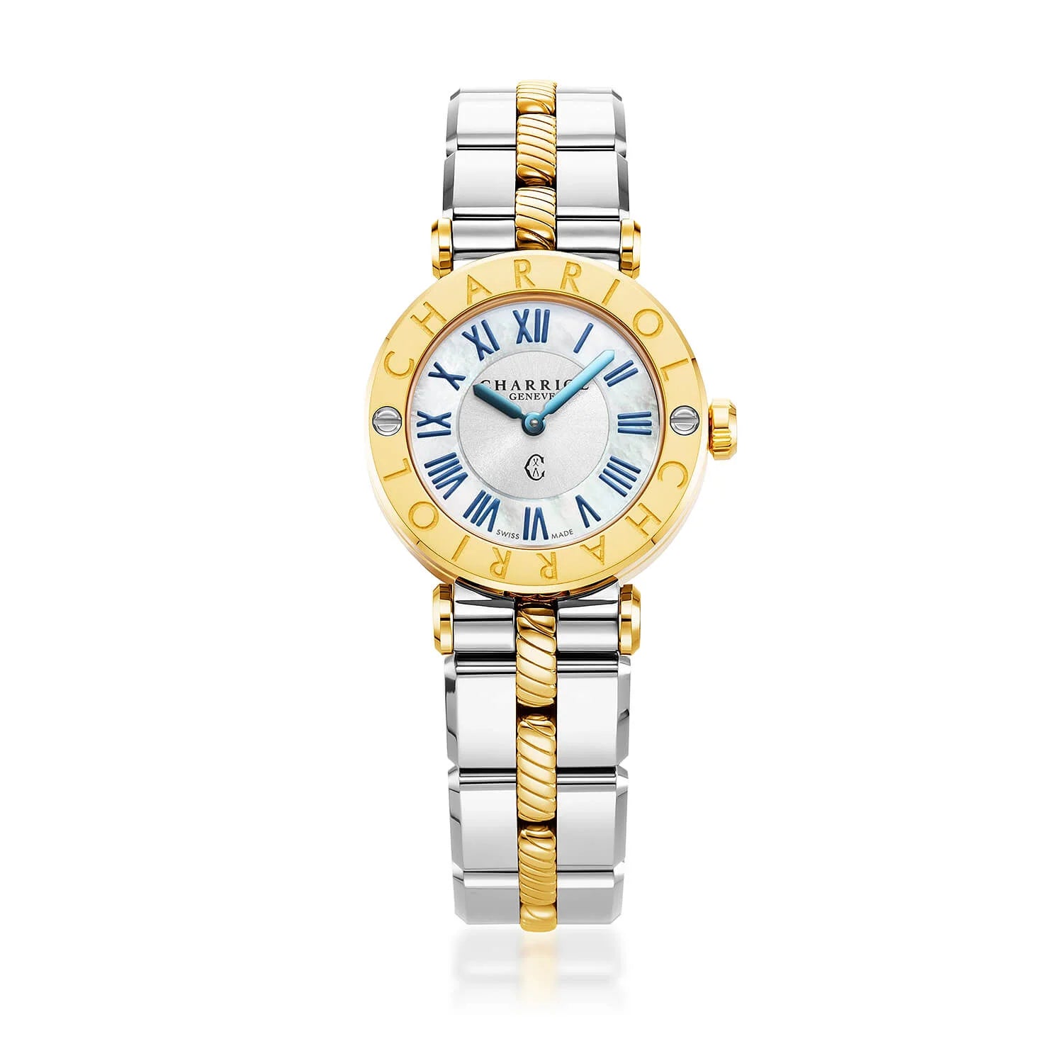 NAVIGATOR CRUISE, 28MM, QUARTZ CALIBRE, WHITE MOTHER-OF-PEARL WITH 12 ROMAN FIGURES DIAL, STEEL YELLOW GOLD PVD "CHARRIOL CHARRIOL" WITH 2 SCREWS BEZEL, METAL BICOLOR INTERCHANGEABLE BRACELET - © 2024 Charriol -  Watch