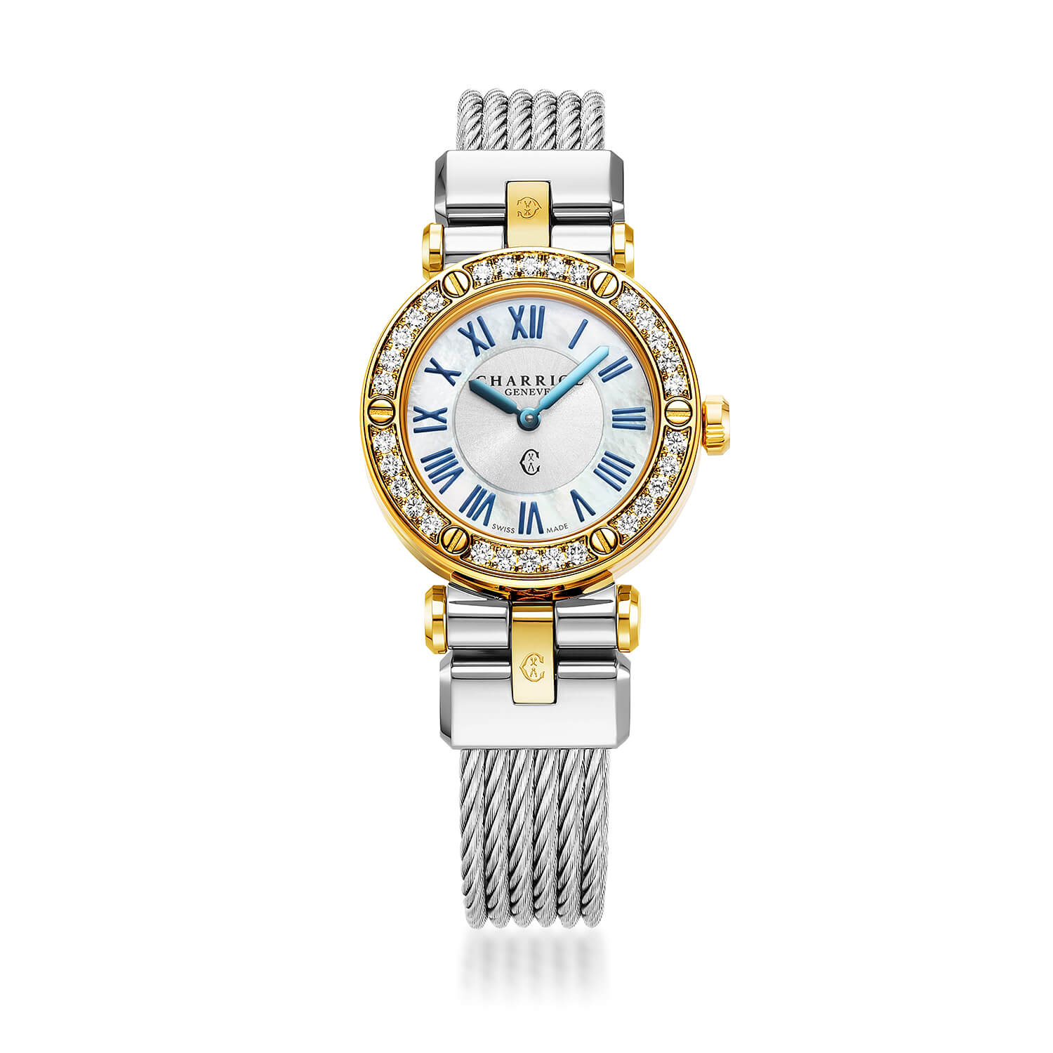 NAVIGATOR CRUISE, 28MM, QUARTZ CALIBRE, WHITE MOTHER-OF-PEARL WITH 12 ROMAN FIGURES DIAL, STEEL YELLOW GOLD PVD WITH 30 DIAMONDS BEZEL, STEEL INTERCHANGEABLE CABLE BRACELET WITH 2 YELLOW GOLD ATTACHED - © 2024 Charriol -  Watch