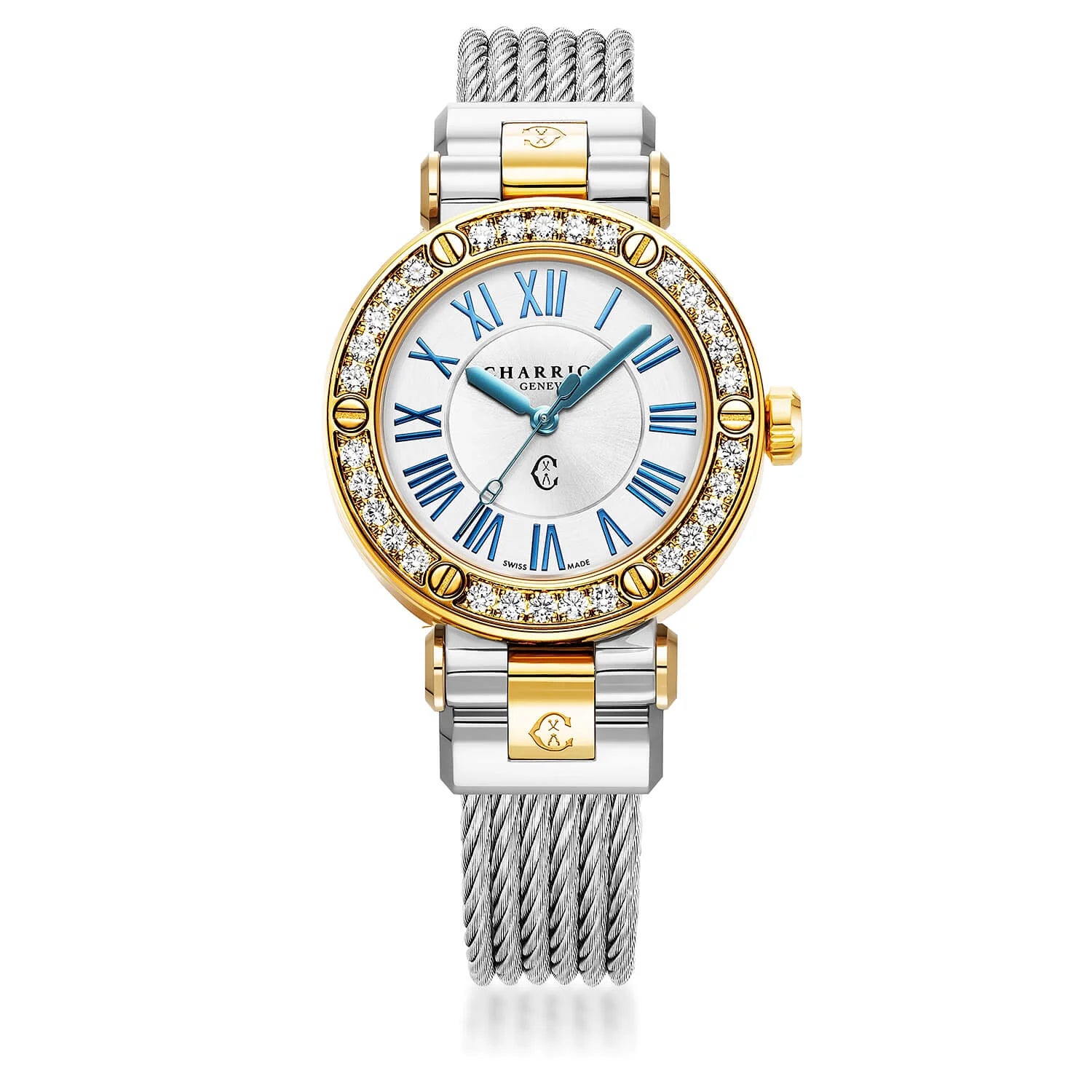 NAVIGATOR CRUISECalibre Quartz, 36mm, Nacre blanche avec chiffres romains, Acier PVD Or Jaune avec 30 DIAMANTS et 6 VIS en PVD Or Jaune, BRACELET CABLE INTERCHANGEABLE EN ACIER AVEC PVD OR JAUNE - © 2024 Charriol - Montres