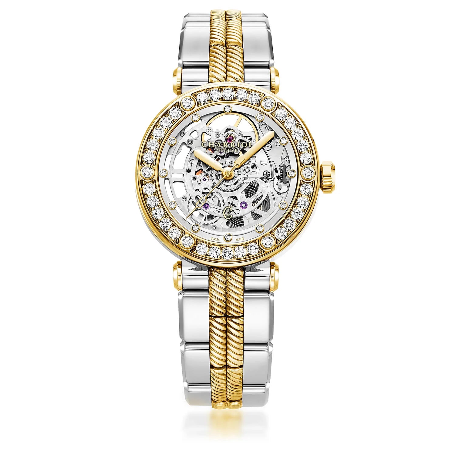 NAVIGATOR CRUISE36MM, CHARRIOL SKELETON CALIBRE AUTOMATIQUE, CRISTAL AVEC CADRAN INDEX DE 12 DIAMANTS, PVD OR JAUNE ACIER AVEC 30 DIAMANTS FULLCUTS & 6 DIAMANTS BEZEL, BRACELET INTERCHANGEABLE BICOLORE METALLIQUE - © 2024 Charriol - Montres