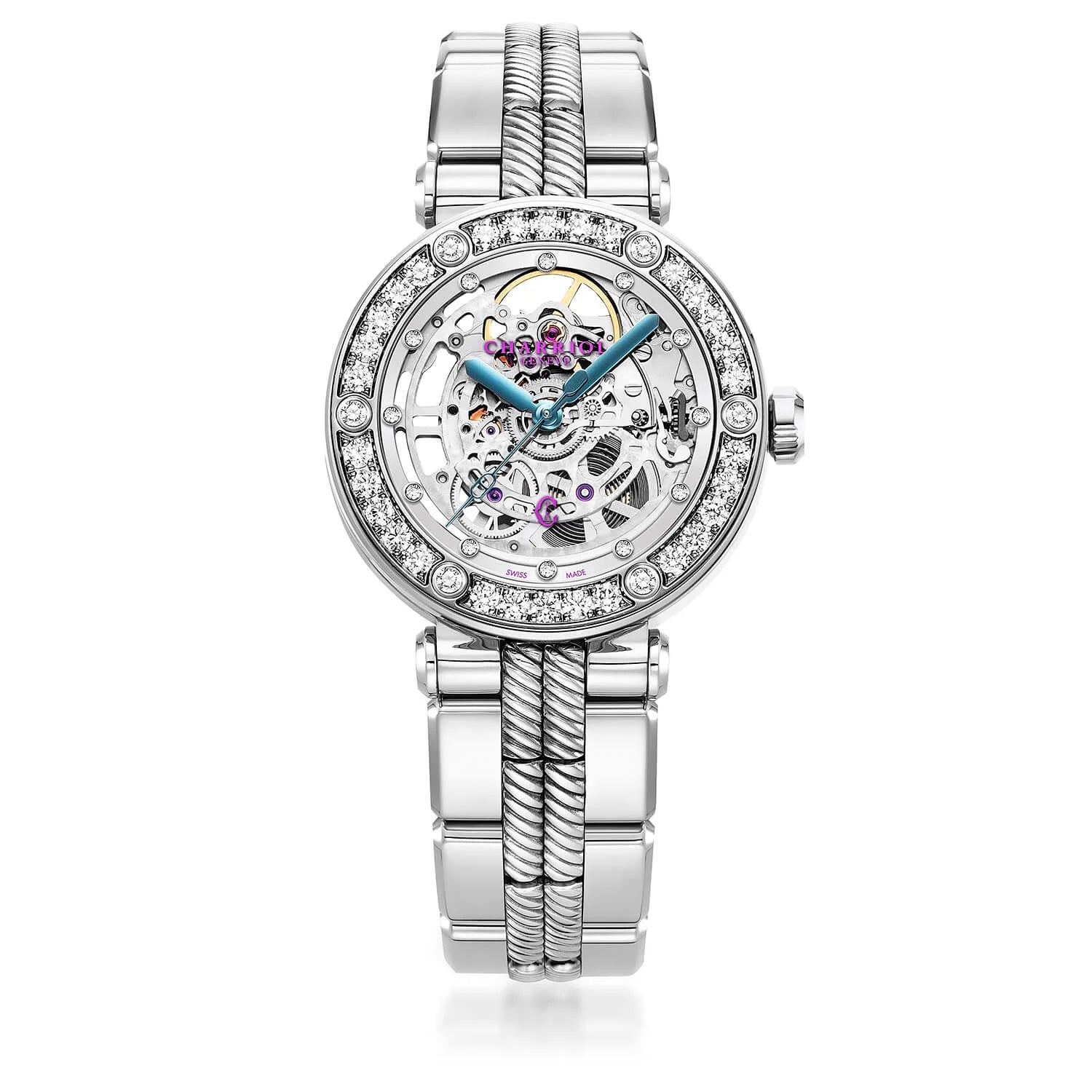 NAVIGATOR CRUISE36MM, CHARRIOL SKELETON CALIBRE AUTOMATIQUE, CRISTAL AVEC CADRAN INDEX DE 12 DIAMANTS, ACIER AVEC 30 DIAMANTS FULLCUTS & 6 DIAMANTS, BRACELET INTERCHANGEABLE EN MÉTAL - © 2024 Charriol - Montres