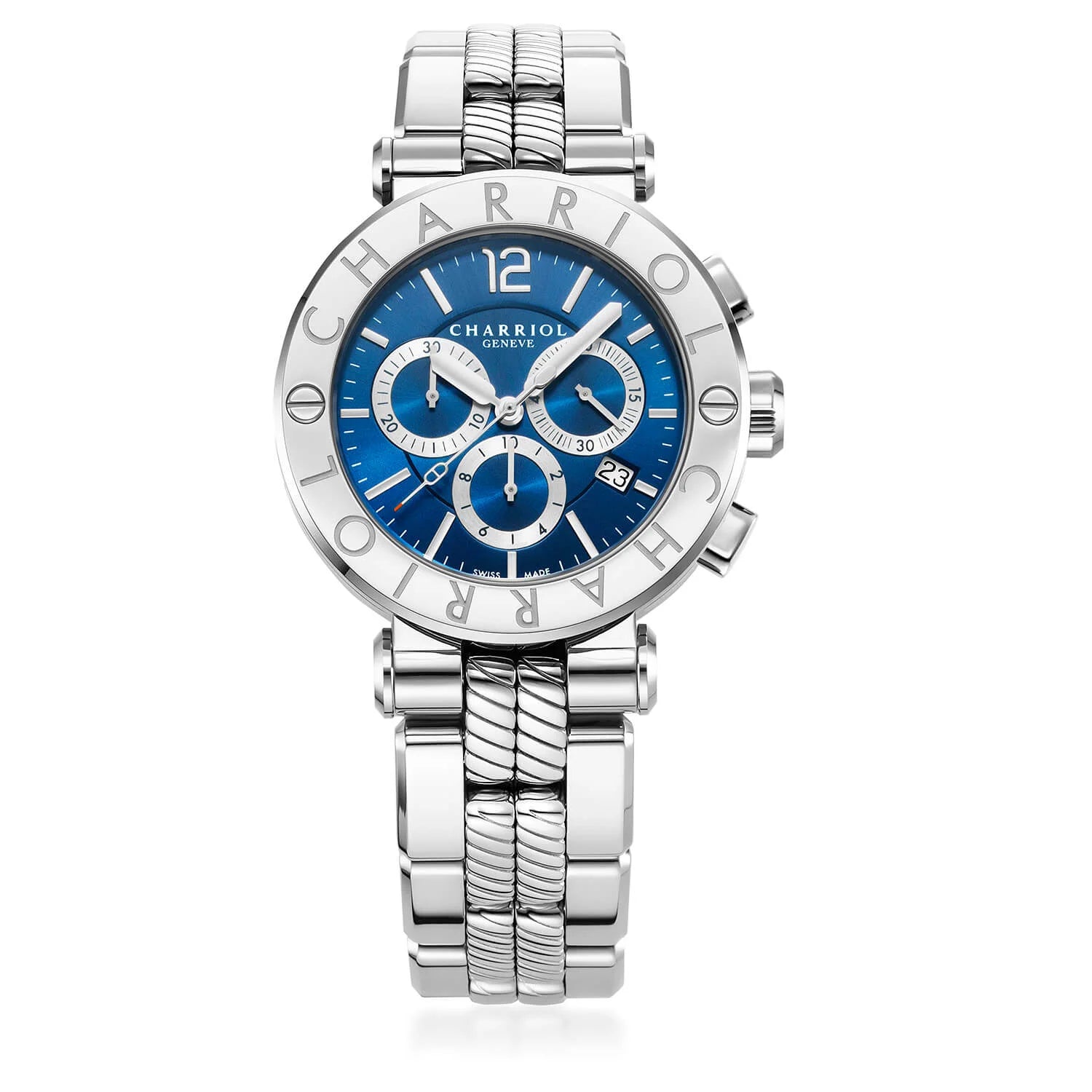 NAVIGATOR CRUISE41MM, QUARTZ CHRONOGRPH CALIBRE, BLEU AVEC 3 MIROIRS EN RHODIUM & CADRAN INDEX, ZONE EN ACIER "CHARRIOL CHARRIOL " AVEC 2 VIS, BRACELET INTERCHANGEABLE EN ACIER - © 2024 Charriol - Montres